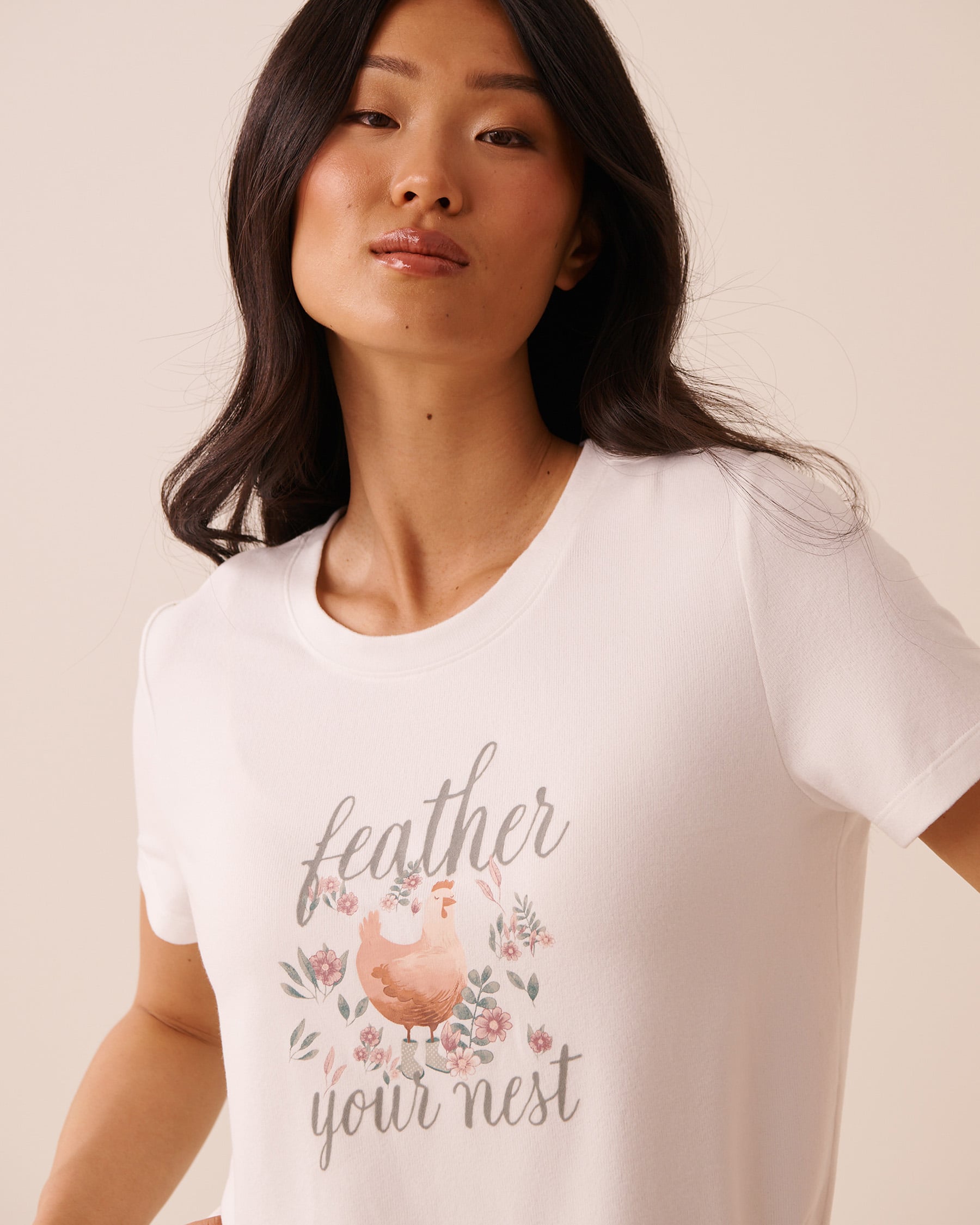 LA VIE EN ROSE T-shirt manches courtes en tricot doux imprimé poules Blanc 40100896 - View3