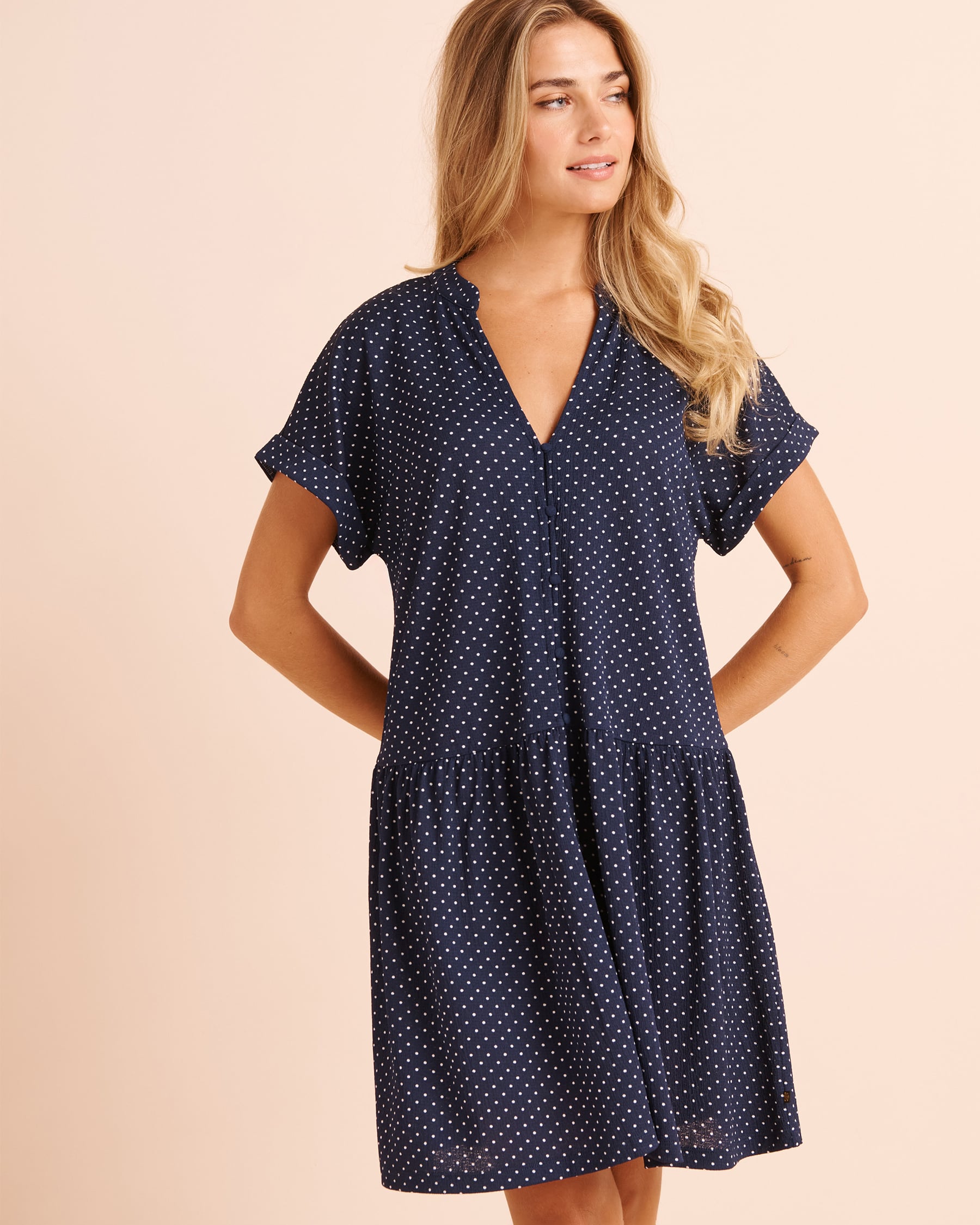 LA VIE EN ROSE AQUA Robe courte étagée effet froissé Pois bleu marine 80300150 - View1