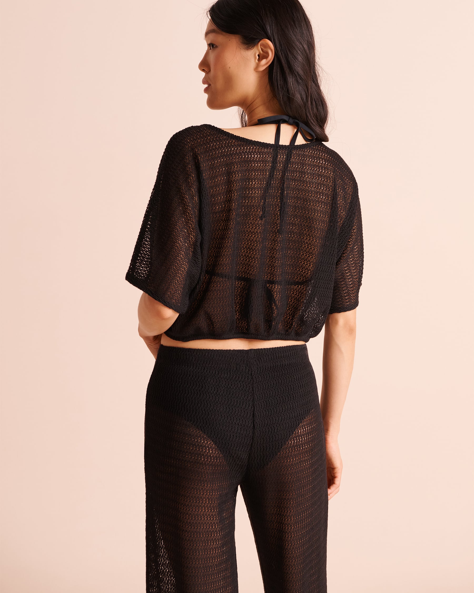 LA VIE EN ROSE AQUA Crochet Tie-Front Crop Top Black 80100056 - View2