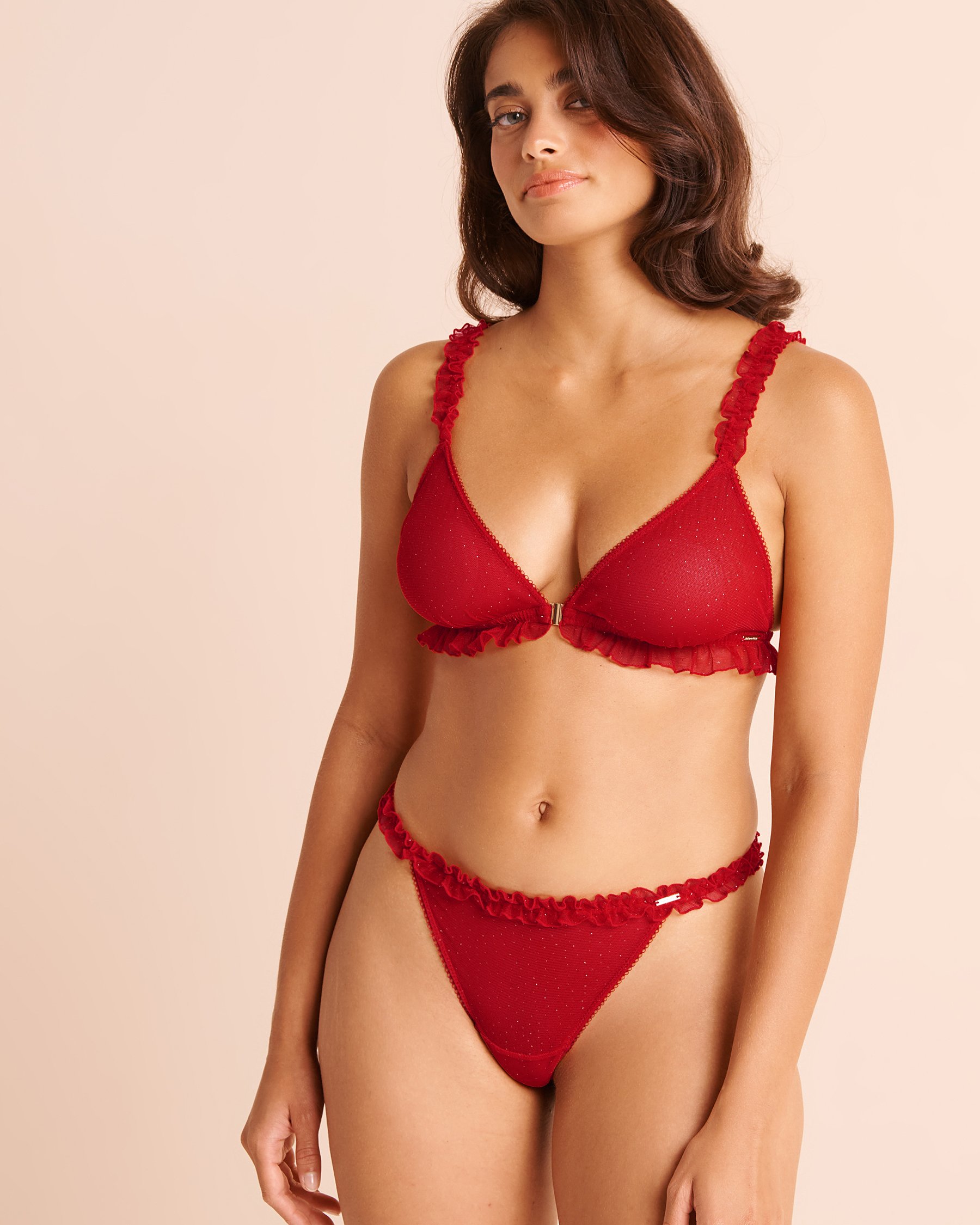 LA VIE EN ROSE Front Closure Glitter Mesh and Ruffle Bralette Candy Cane Red 10100235 - View1