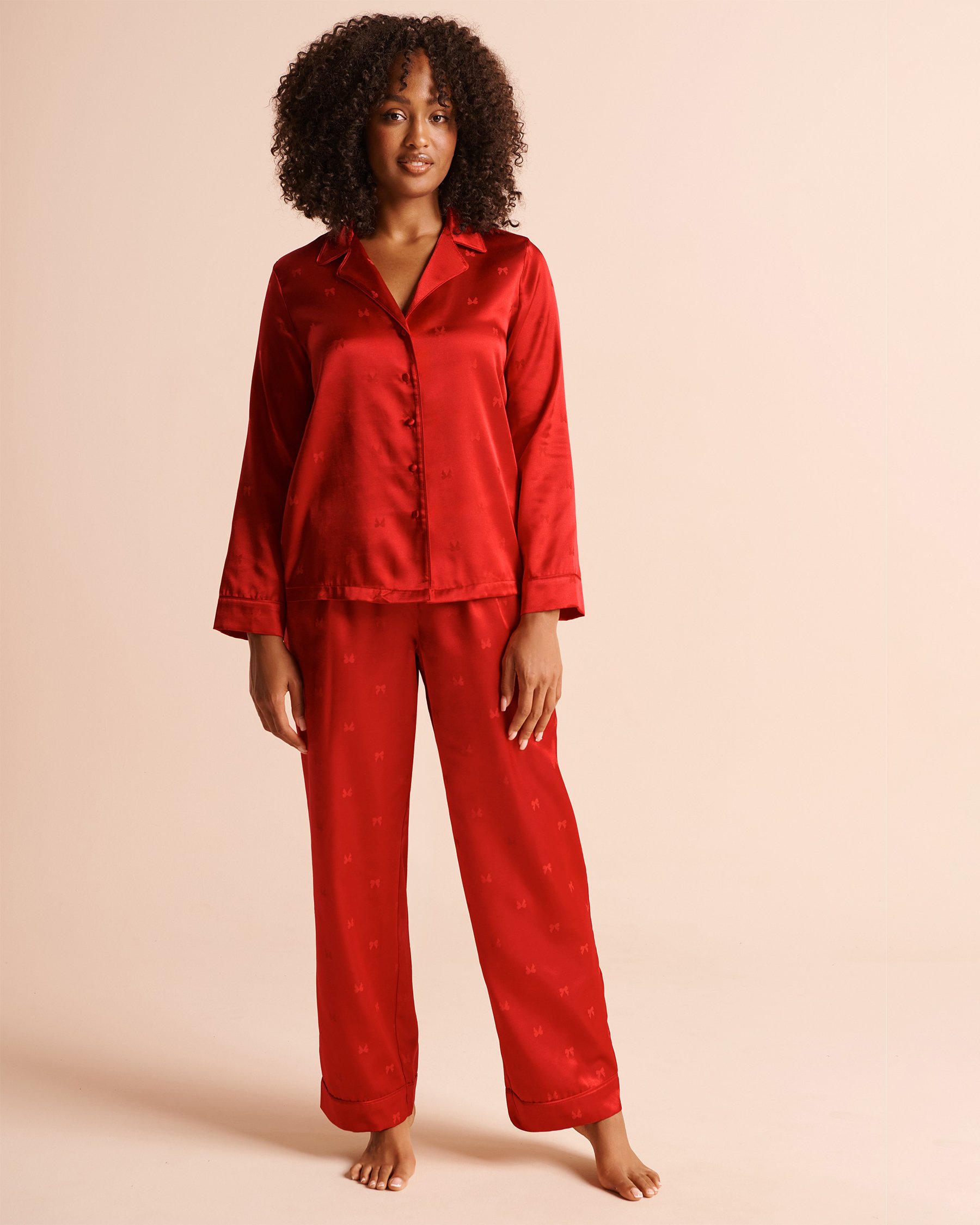 LA VIE EN ROSE Bow Jacquard Long Sleeve Satin Pajama Set Candy Cane Red 60400085 - View1