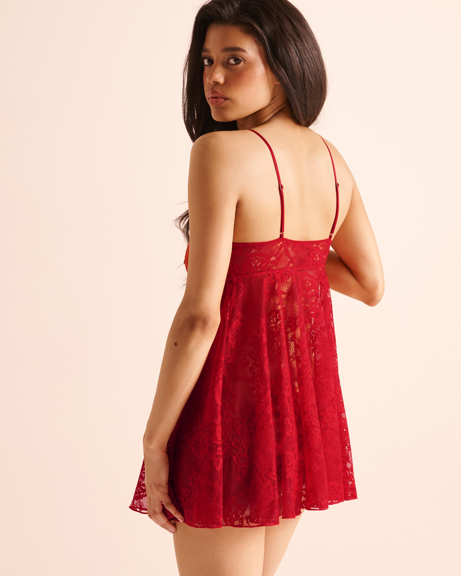 LA VIE EN ROSE Satin-Tie Floral Lace Babydoll Candy Cane Red 60500268 - View2