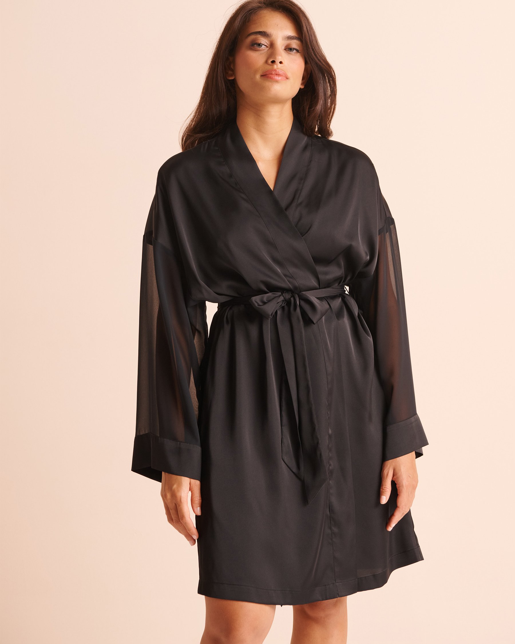 LA VIE EN ROSE Chiffon and Satin Kimono Black 60600133 - View2