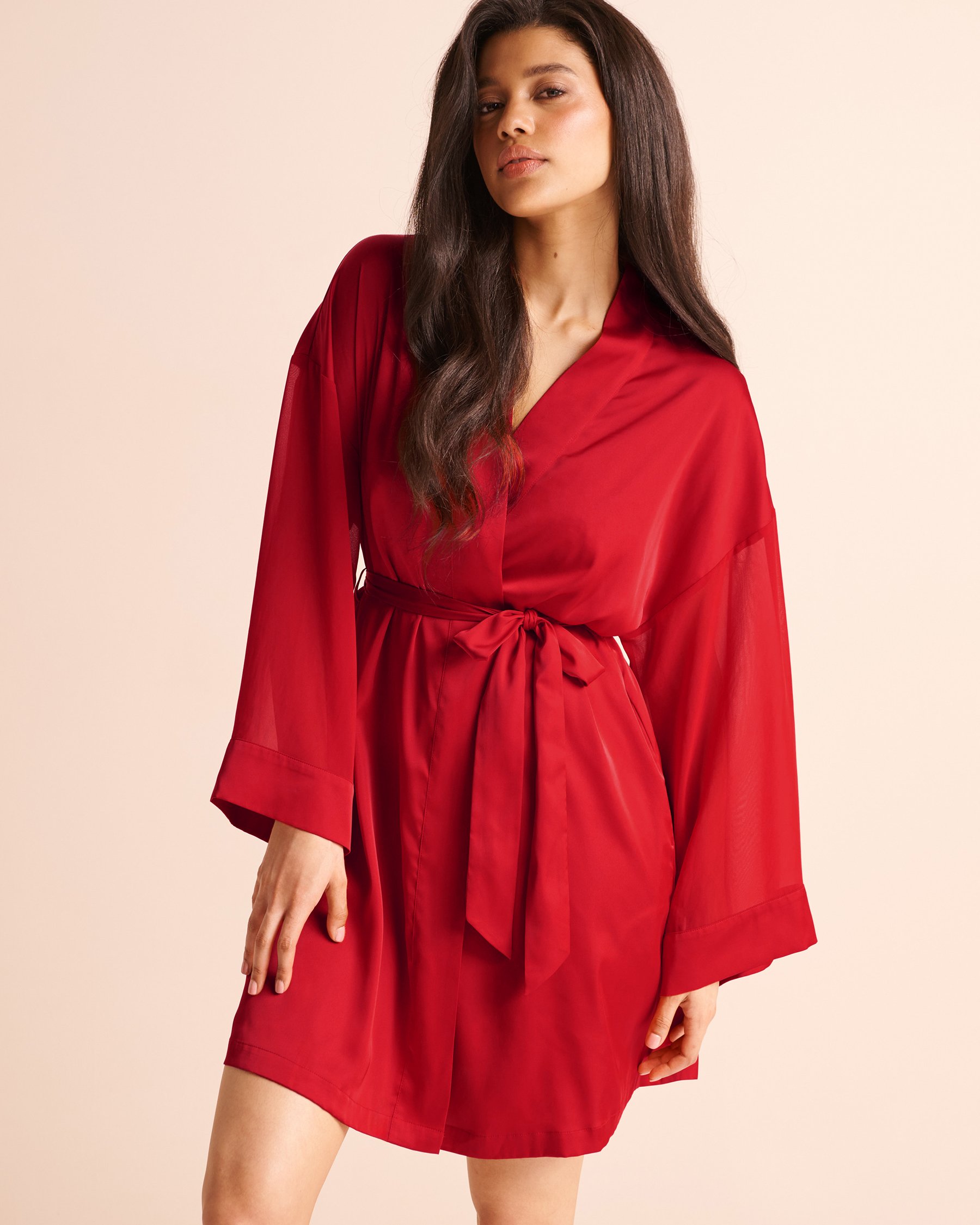 LA VIE EN ROSE Chiffon and Satin Kimono Candy Cane Red 60600133 - View3