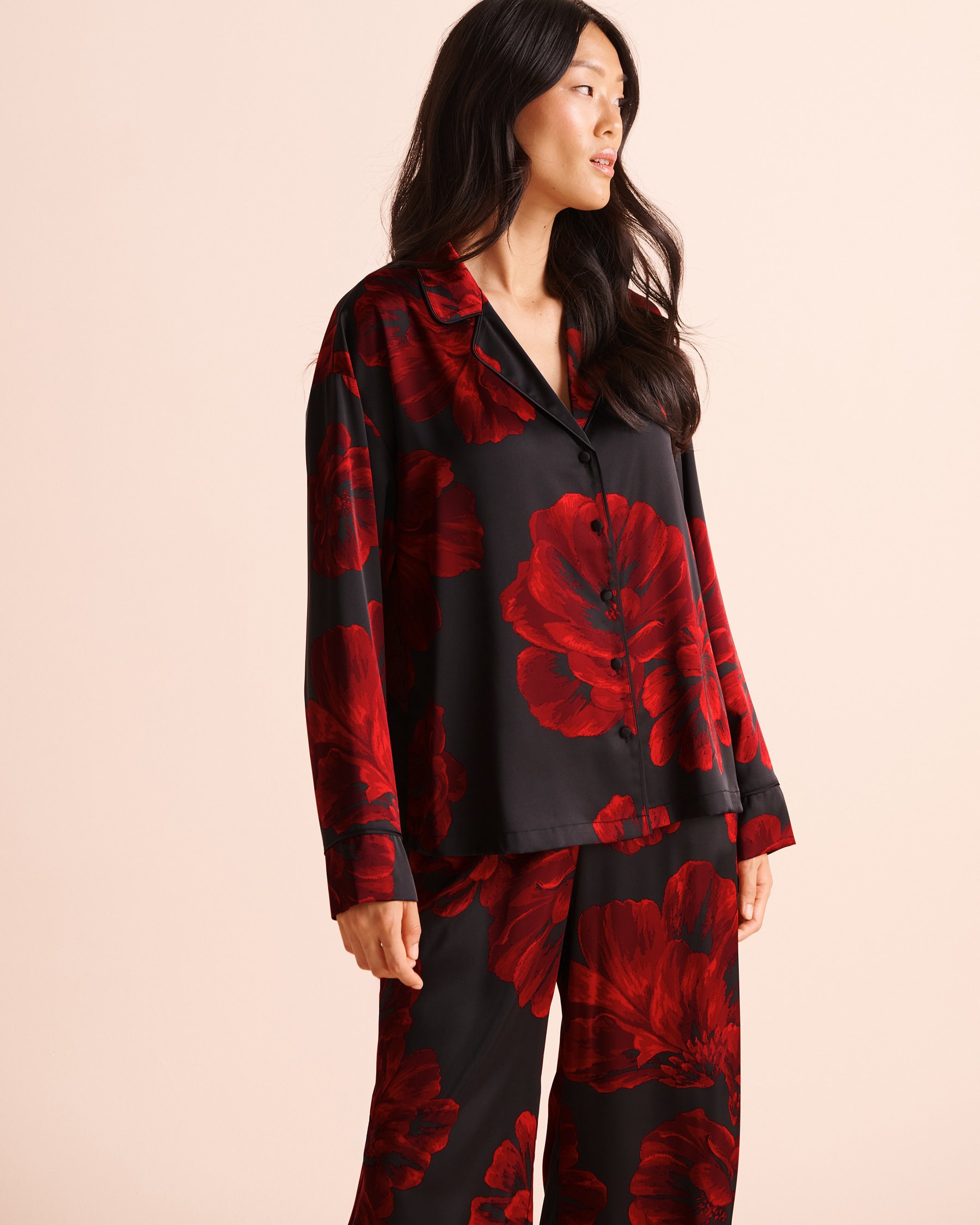 LA VIE EN ROSE Peony Print Satin Long Sleeve Button-down Shirt Black/Red Floral 60100214 - View1