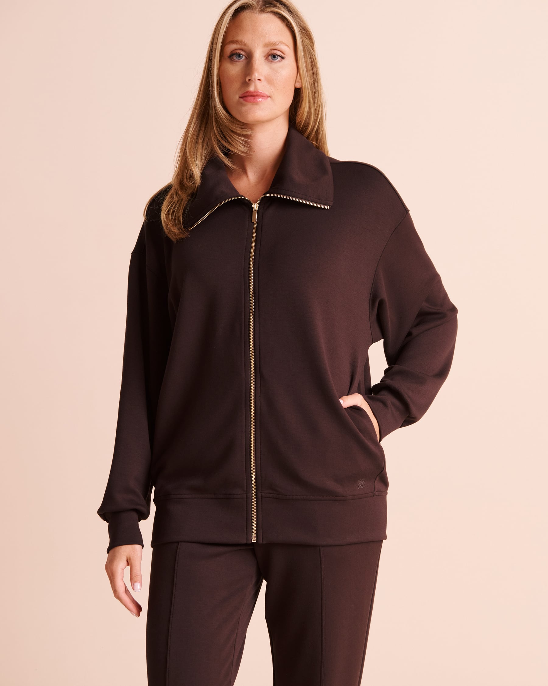 LA VIE EN ROSE Scuba Knit Zip-Up Sweatshirt Dark Chocolate 50100148 - View1
