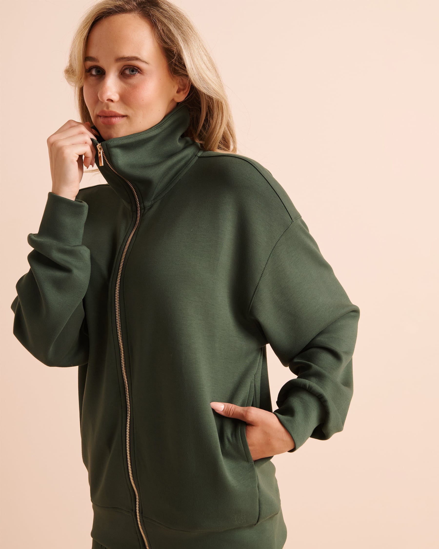 LA VIE EN ROSE Scuba Knit Zip-Up Sweatshirt Jungle Green 50100148 - View3
