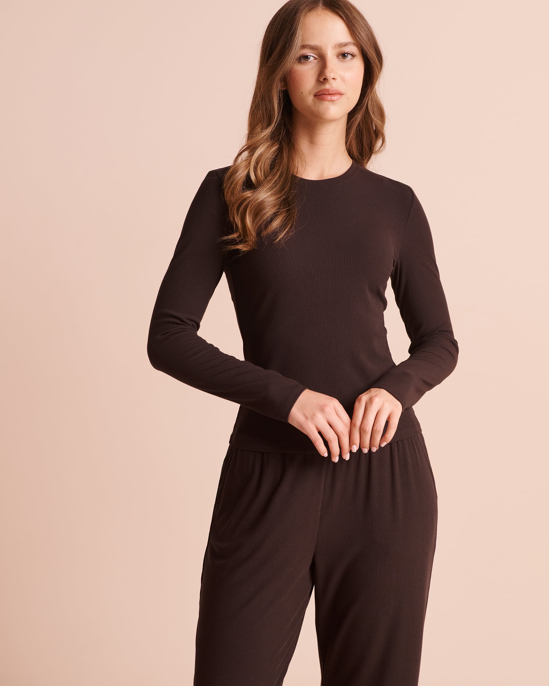 LA VIE EN ROSE Ribbed Modal Long Sleeve Shirt Dark Chocolate 50100151 - View1