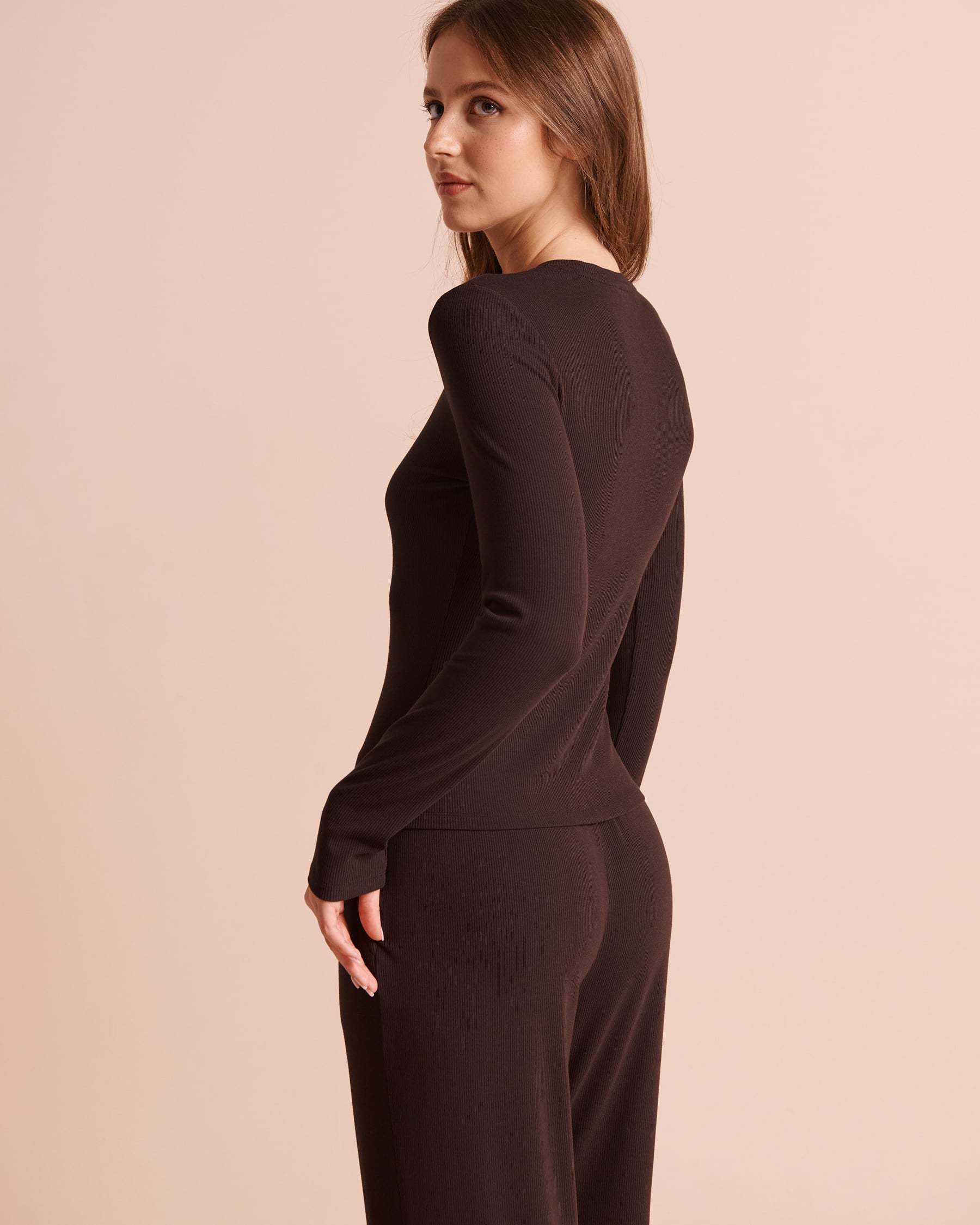 LA VIE EN ROSE Ribbed Modal Long Sleeve Shirt Dark Chocolate 50100151 - View2