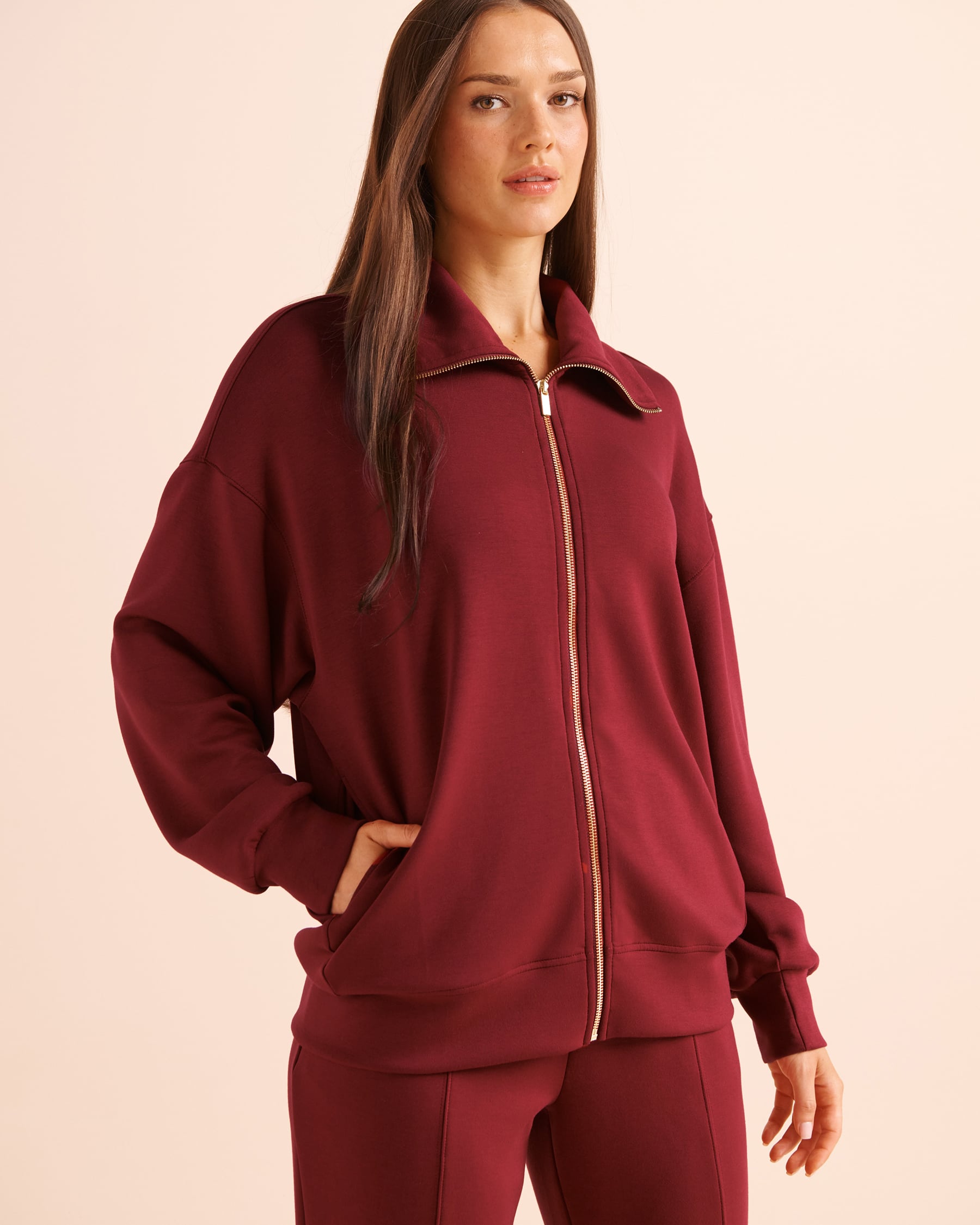 LA VIE EN ROSE Scuba Knit Zip-Up Sweatshirt Burgundy 50100148 - View1