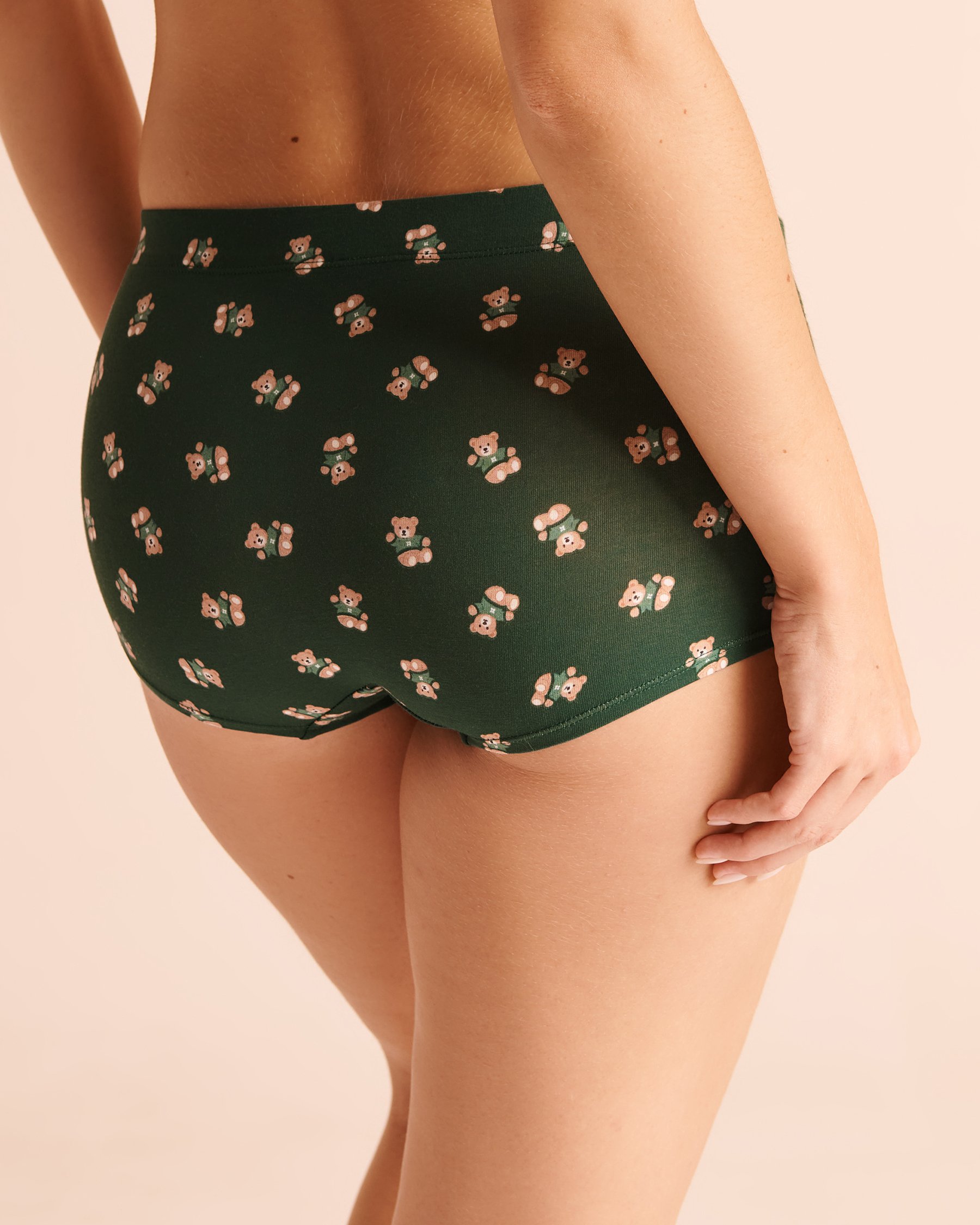 LA VIE EN ROSE Bow & Ruched Cotton Boyshort Panty Green/Teddy Bear 20100876 - View2