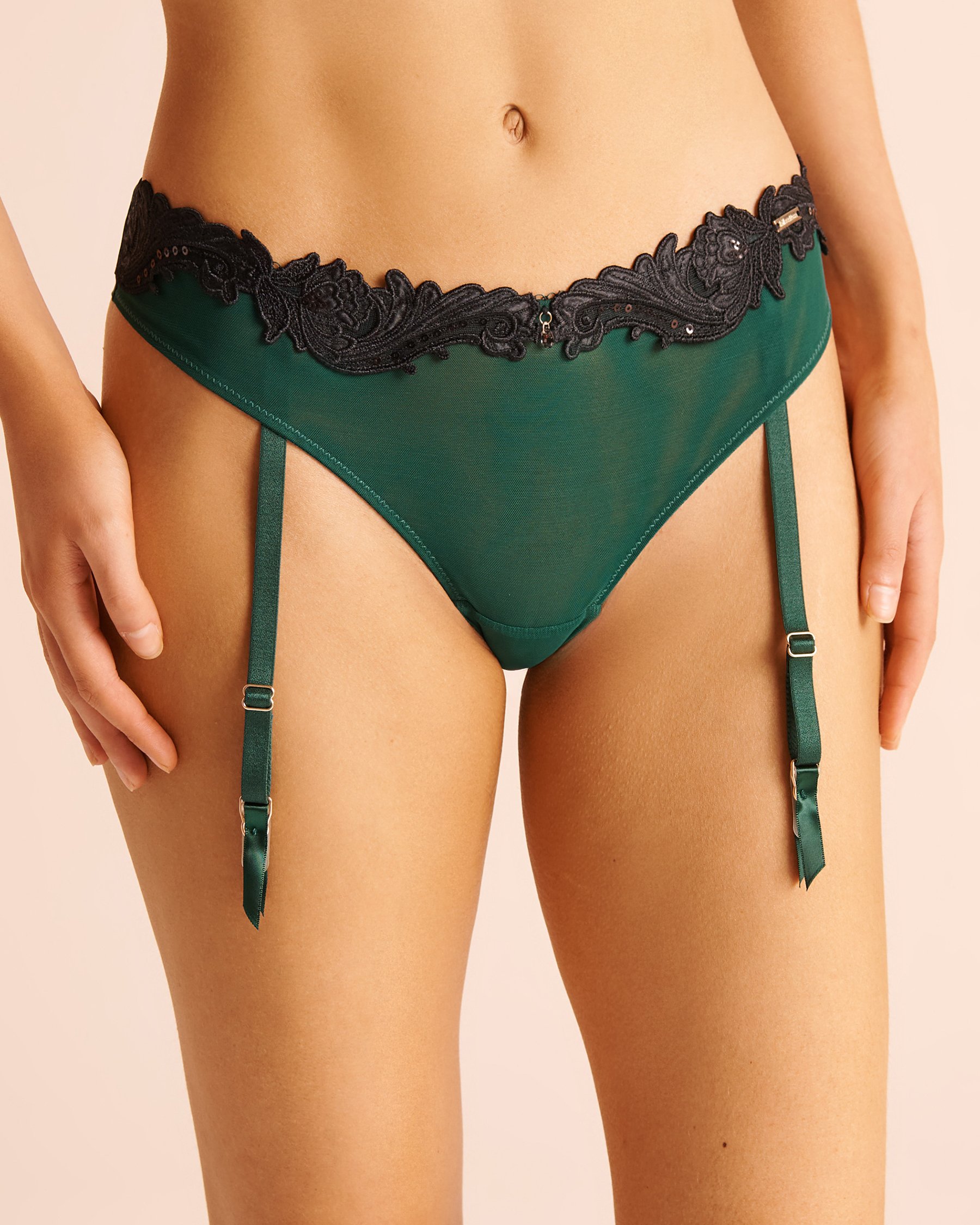 LA VIE EN ROSE Guipure and Mesh Garter Brazilian Panty Fir Green/Black 20300550 - View1
