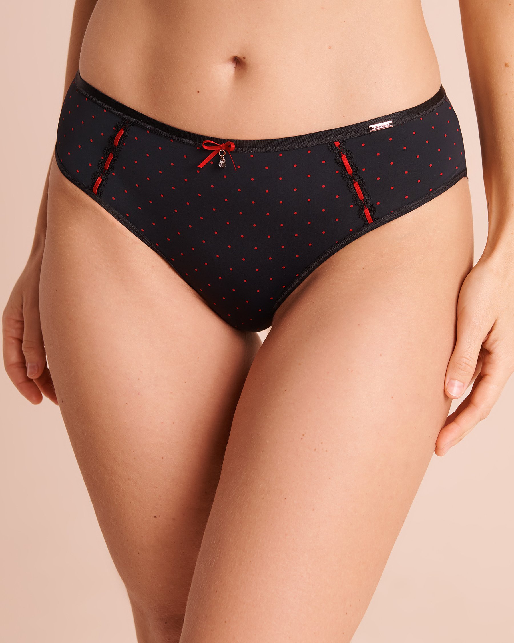 LA VIE EN ROSE Microfiber and Lace Sleek Back Bikini Panty Black/Red Dots 20300548 - View1