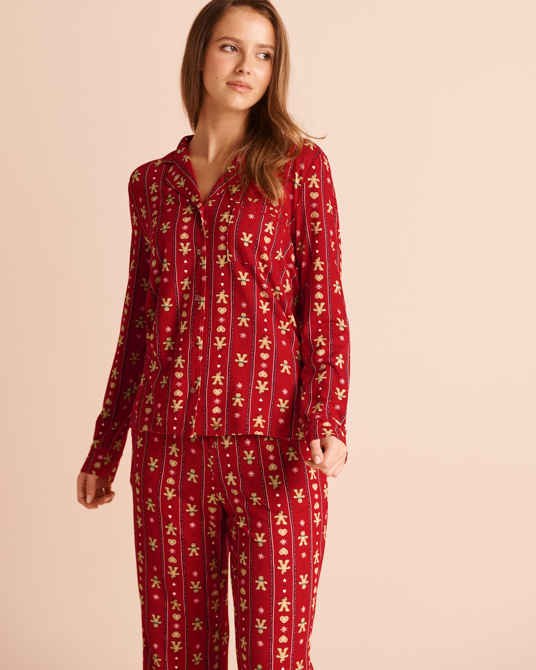 LA VIE EN ROSE Gingerbread Print Super Soft Long Sleeve Button-down Shirt Red/Gingerbread Stripe 40100909 - View1
