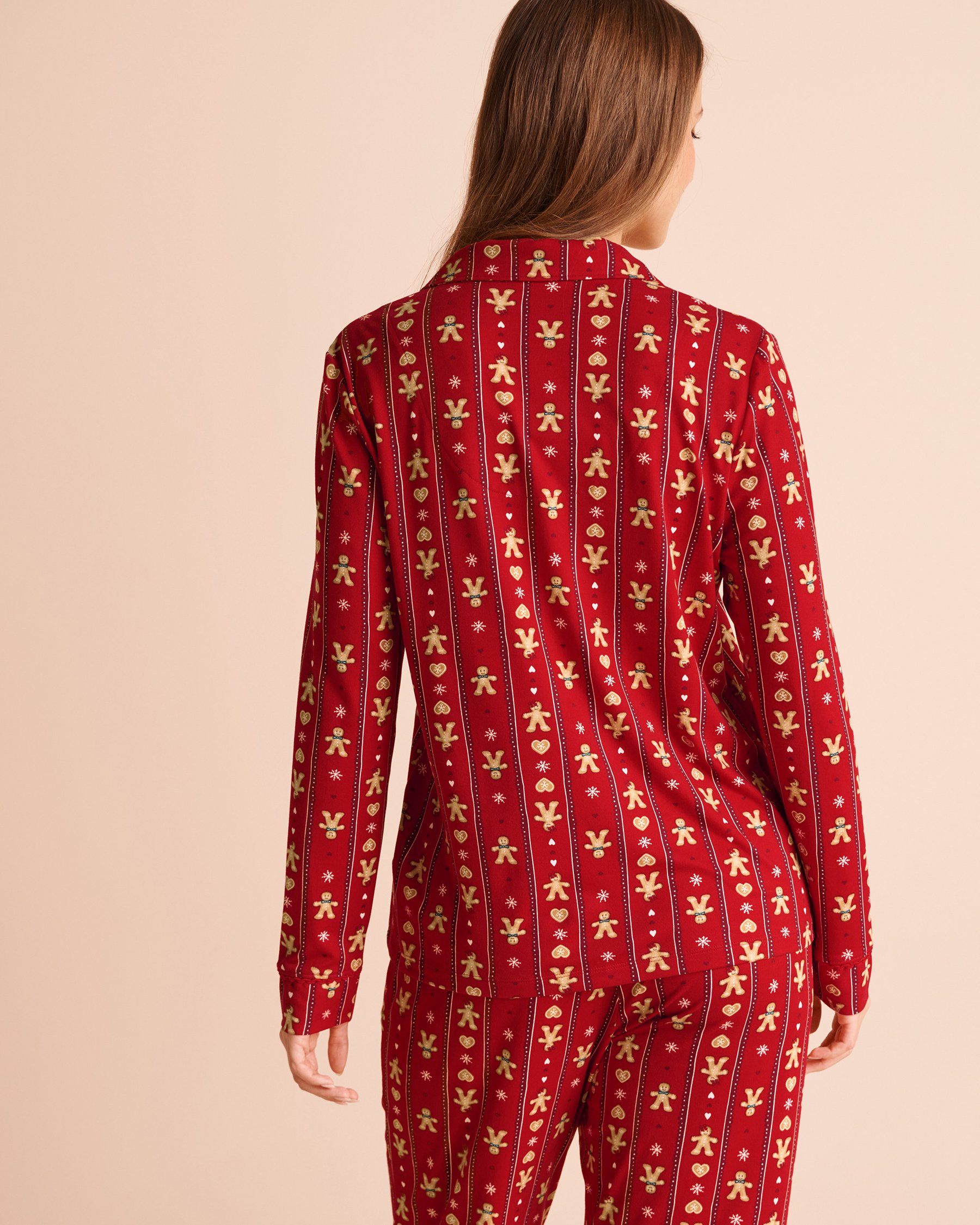 LA VIE EN ROSE Gingerbread Print Super Soft Long Sleeve Button-down Shirt Red/Gingerbread Stripe 40100909 - View3