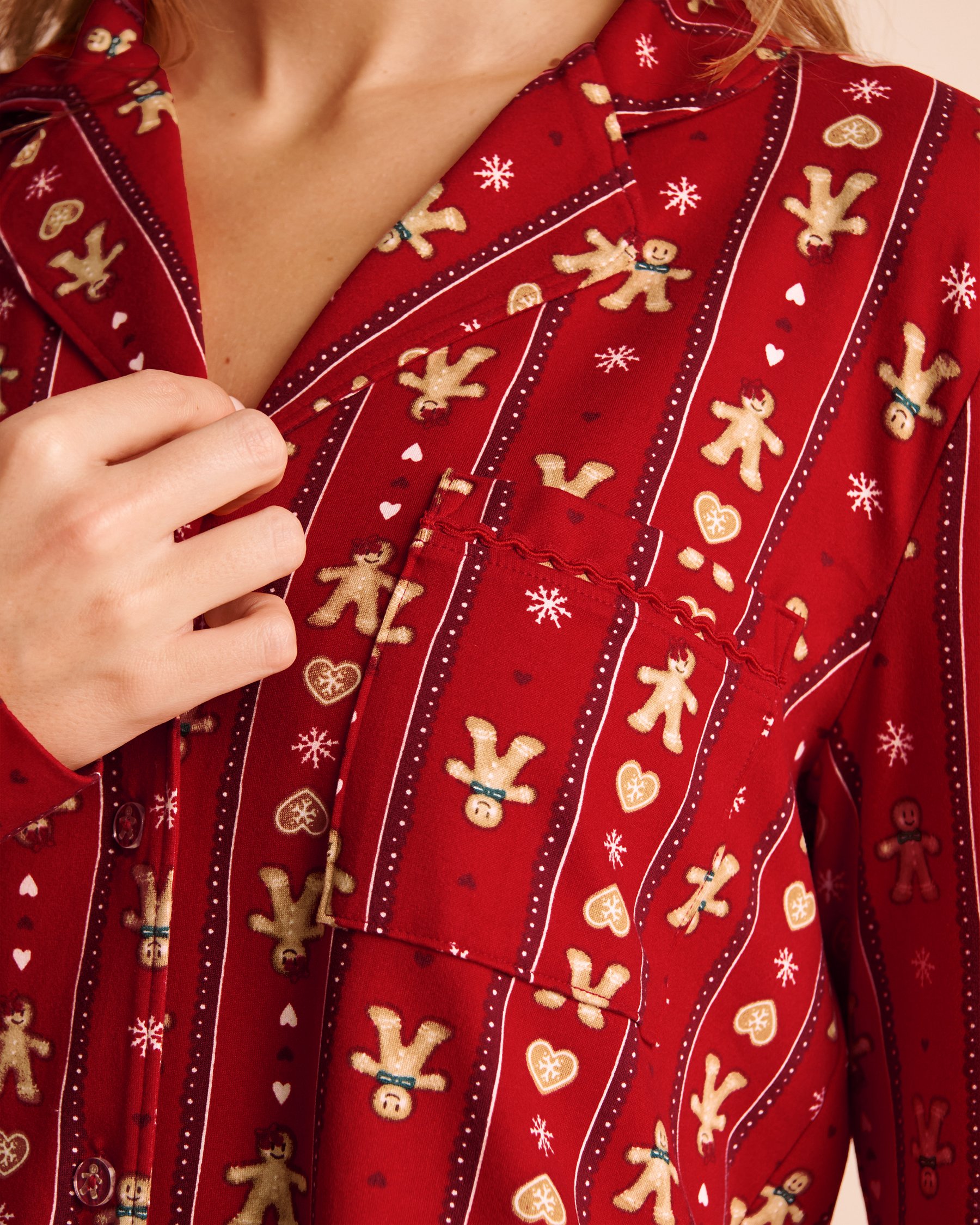 LA VIE EN ROSE Gingerbread Print Super Soft Long Sleeve Button-down Shirt Red/Gingerbread Stripe 40100909 - View2