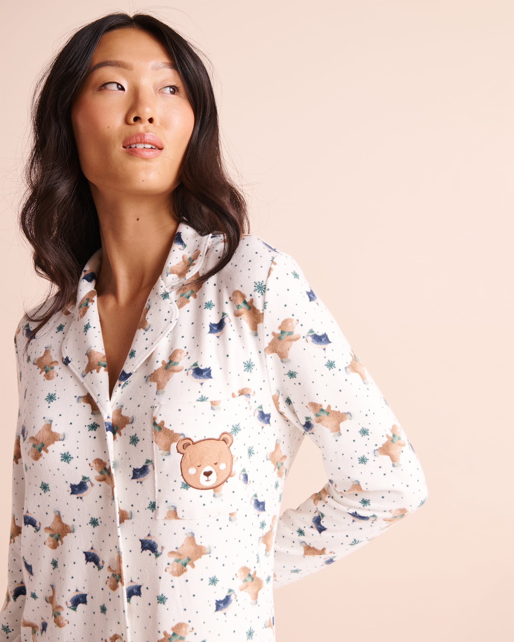 LA VIE EN ROSE Bear & Friends Print Soft Knit Long Sleeve Button-down Sleepshirt Fir Green/Teddy Bears 40500518 - View3
