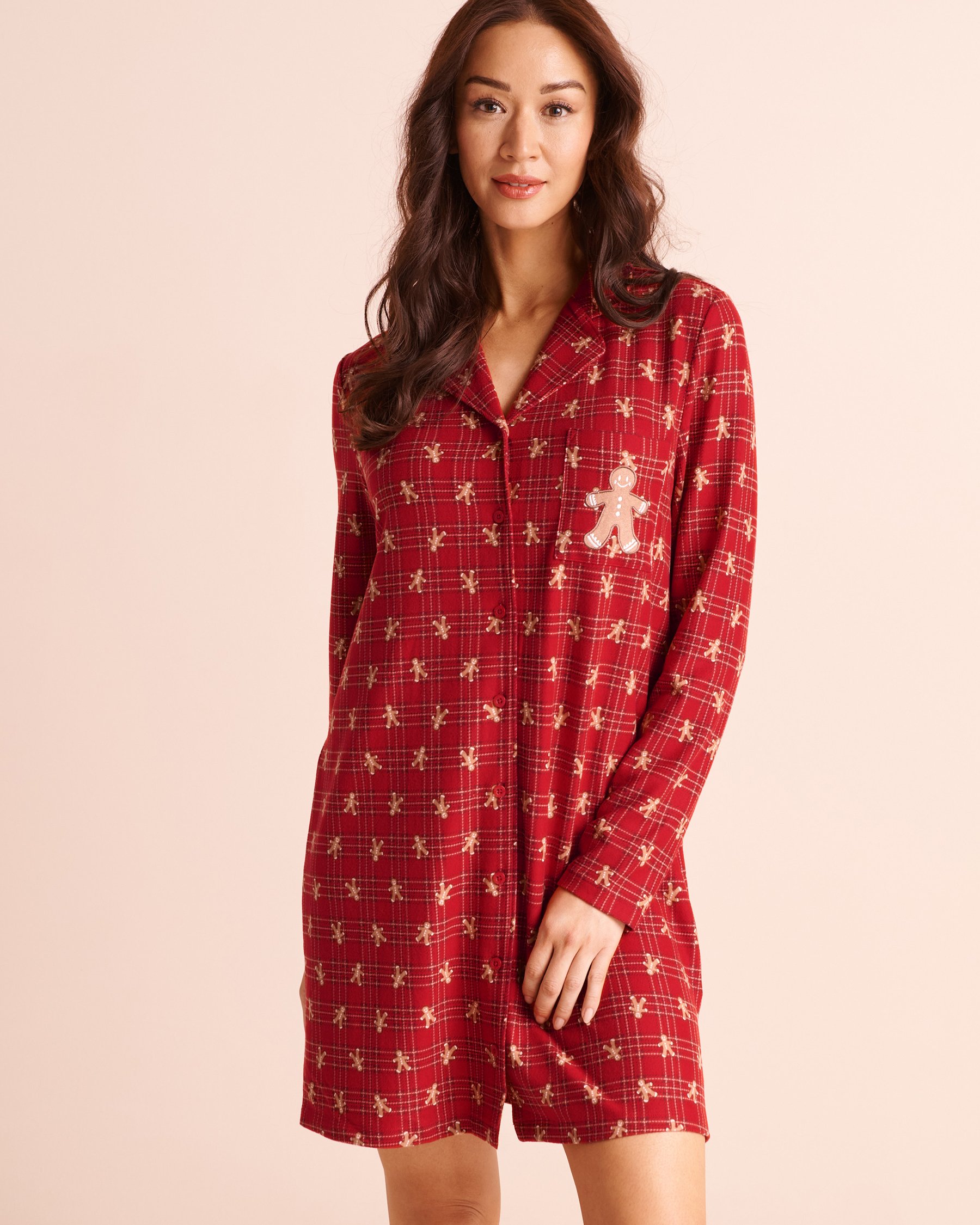 LA VIE EN ROSE Cookie Print Soft Knit Long Sleeve Button-down Sleepshirt Candy Cane Red/Cookies 40500517 - View1