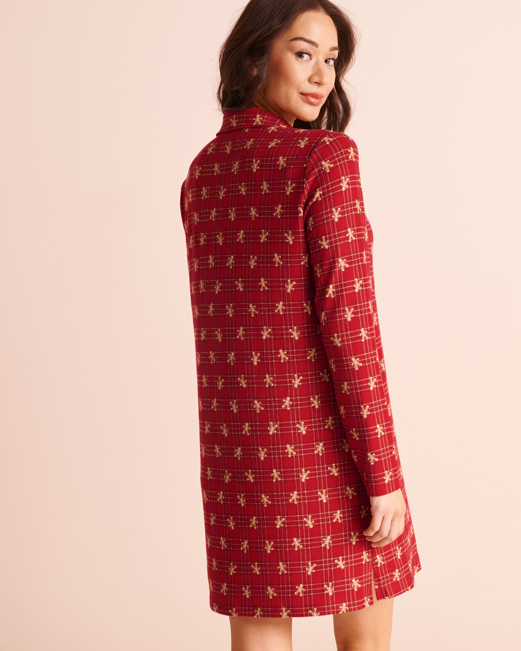 LA VIE EN ROSE Cookie Print Soft Knit Long Sleeve Button-down Sleepshirt Candy Cane Red/Cookies 40500517 - View2