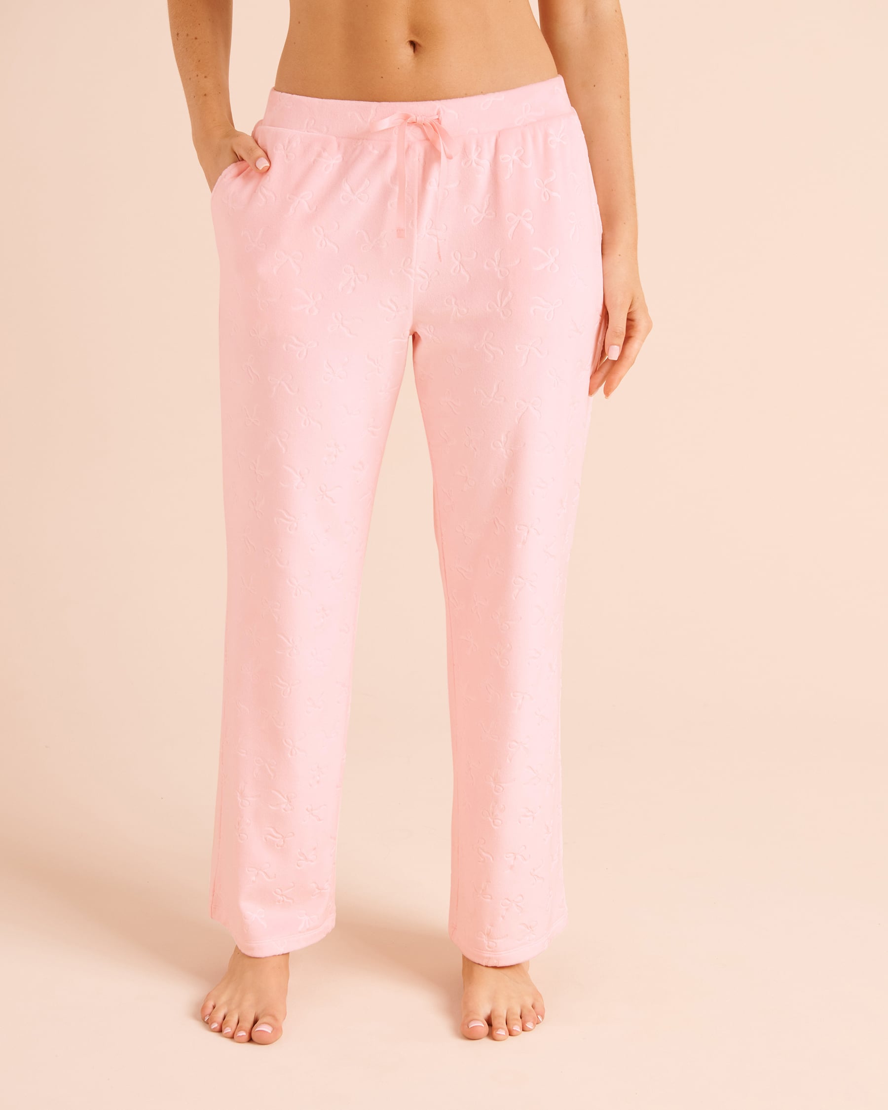 LA VIE EN ROSE Bow-Engraved Plush Velour Pajama Pants Frosted Pink/Bows 40200924 - View1
