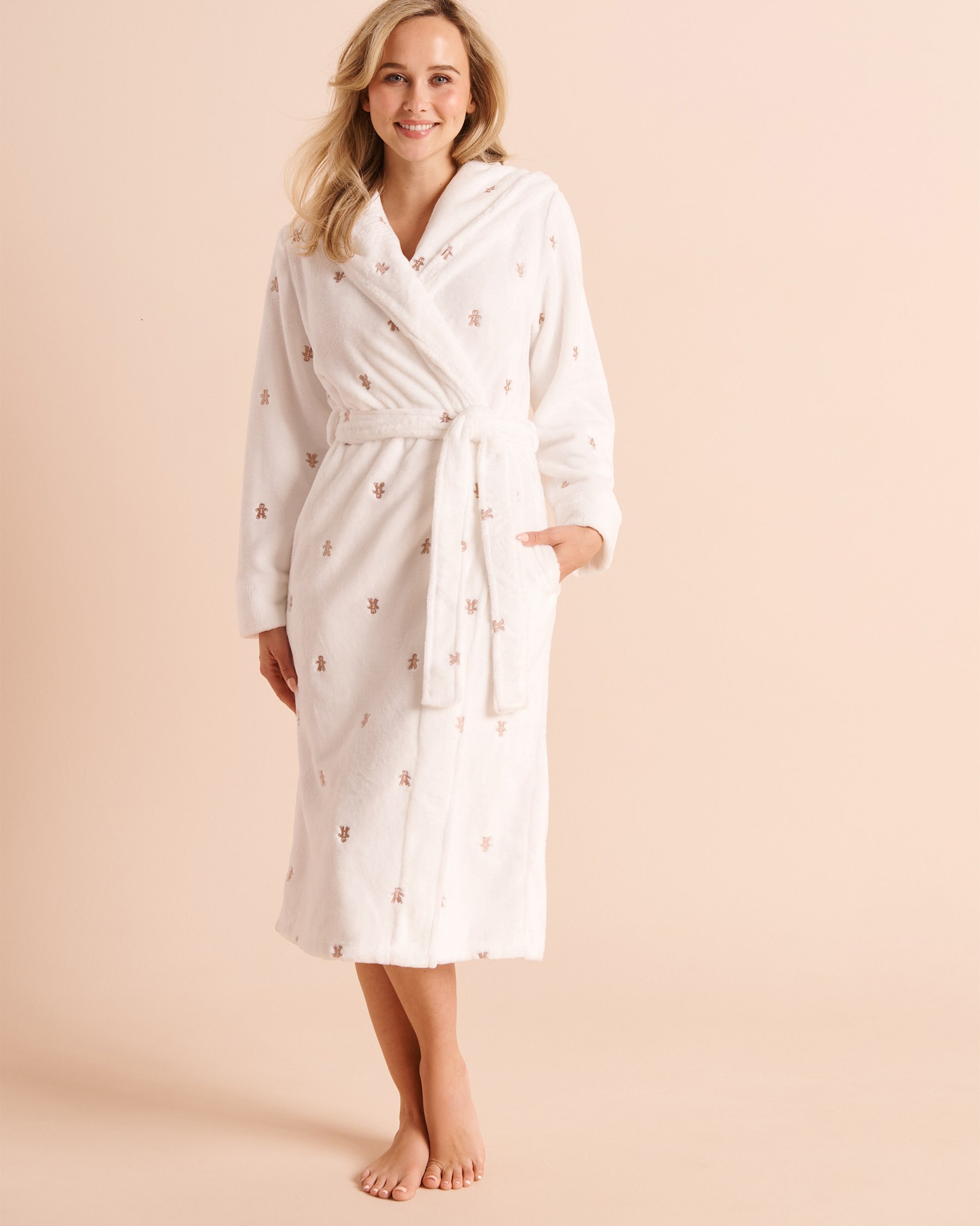 LA VIE EN ROSE Robe de chambre à capuchon en peluche douce broderies pain d'épices Blanc/Pains d'épices 40600243 - View1