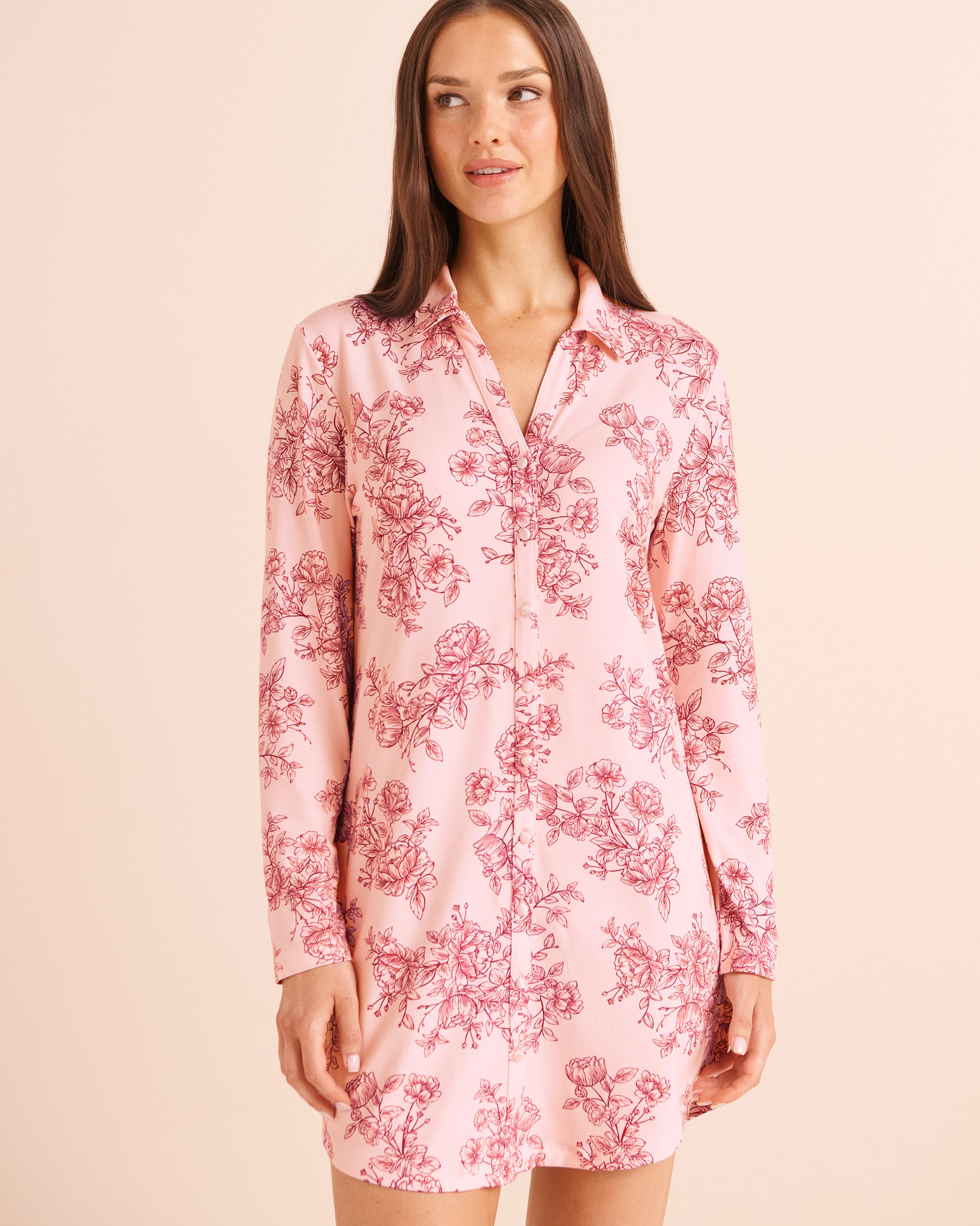 LA VIE EN ROSE Chemise de nuit manches longues ultra douce imprimé floral Bouquet rosé 40500515 - View1