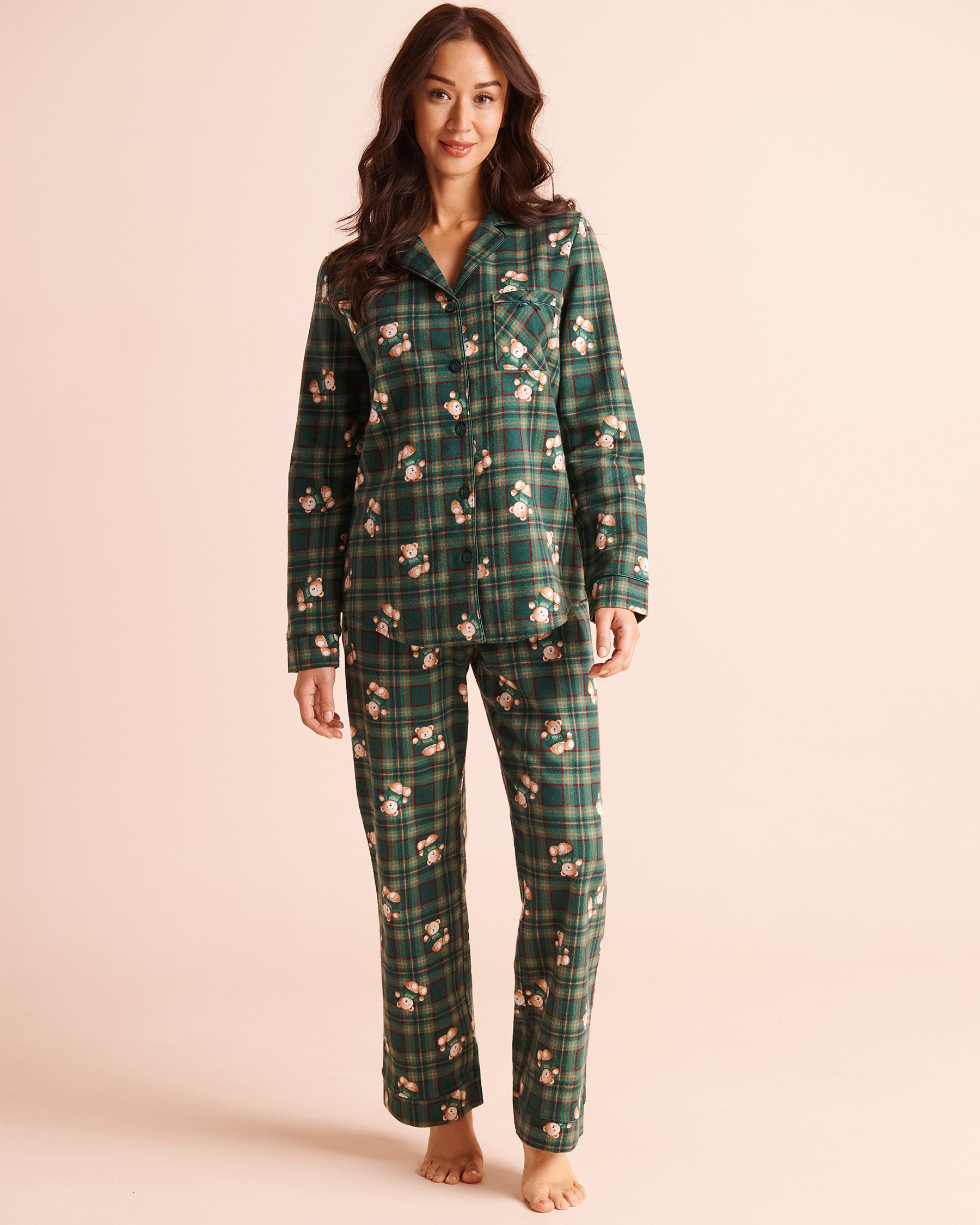 LA VIE EN ROSE Teddy Bear Plaid Flannel Pajama Set Green/Teddy Bear 40400103 - View1