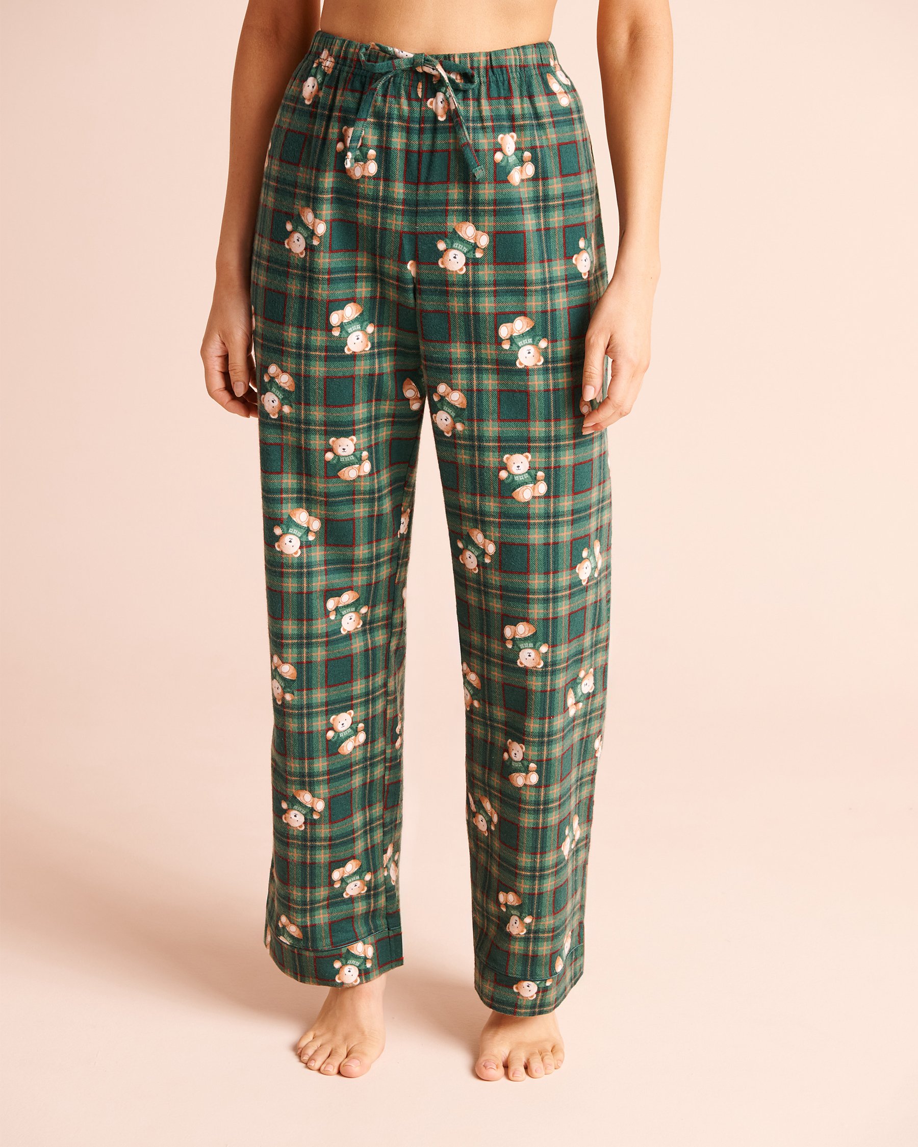 LA VIE EN ROSE Teddy Bear Plaid Flannel Pajama Set Green/Teddy Bear 40400103 - View4