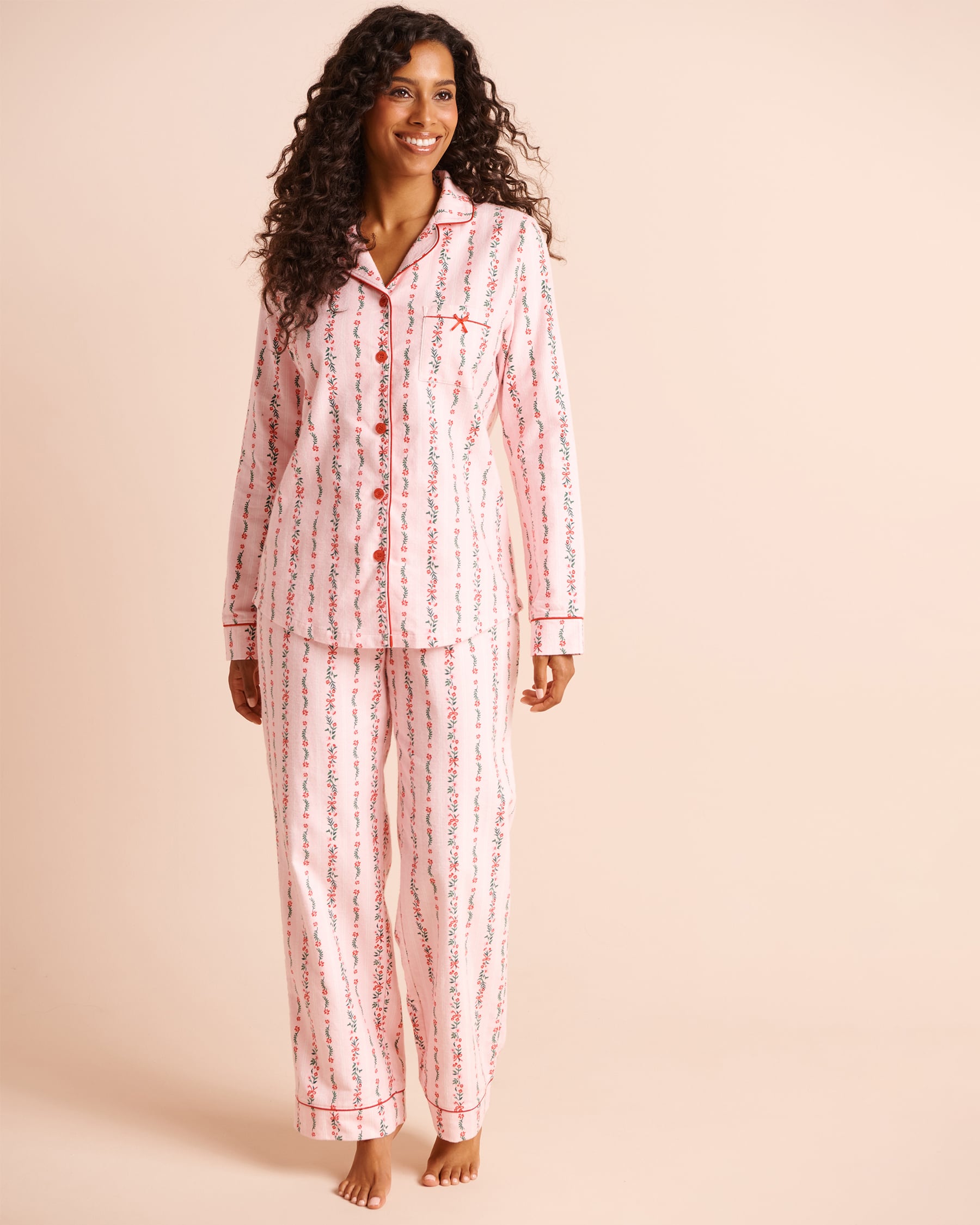 LA VIE EN ROSE Floral Stripe Print Flannel Pajama Set Pink/Flowers 40400103 - View3