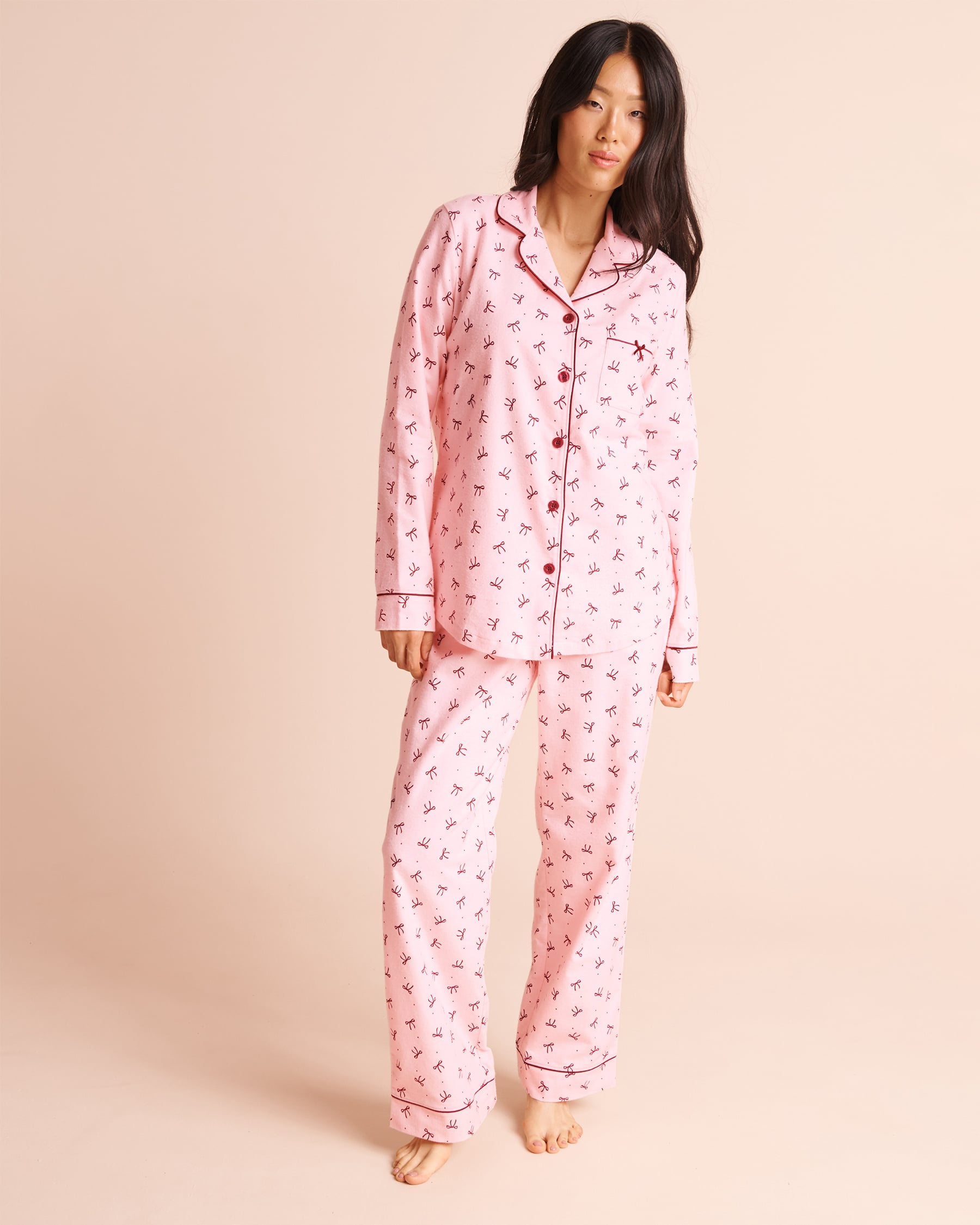 LA VIE EN ROSE Bow Print Flannel Pajama Set Pink/Bow 40400103 - View1