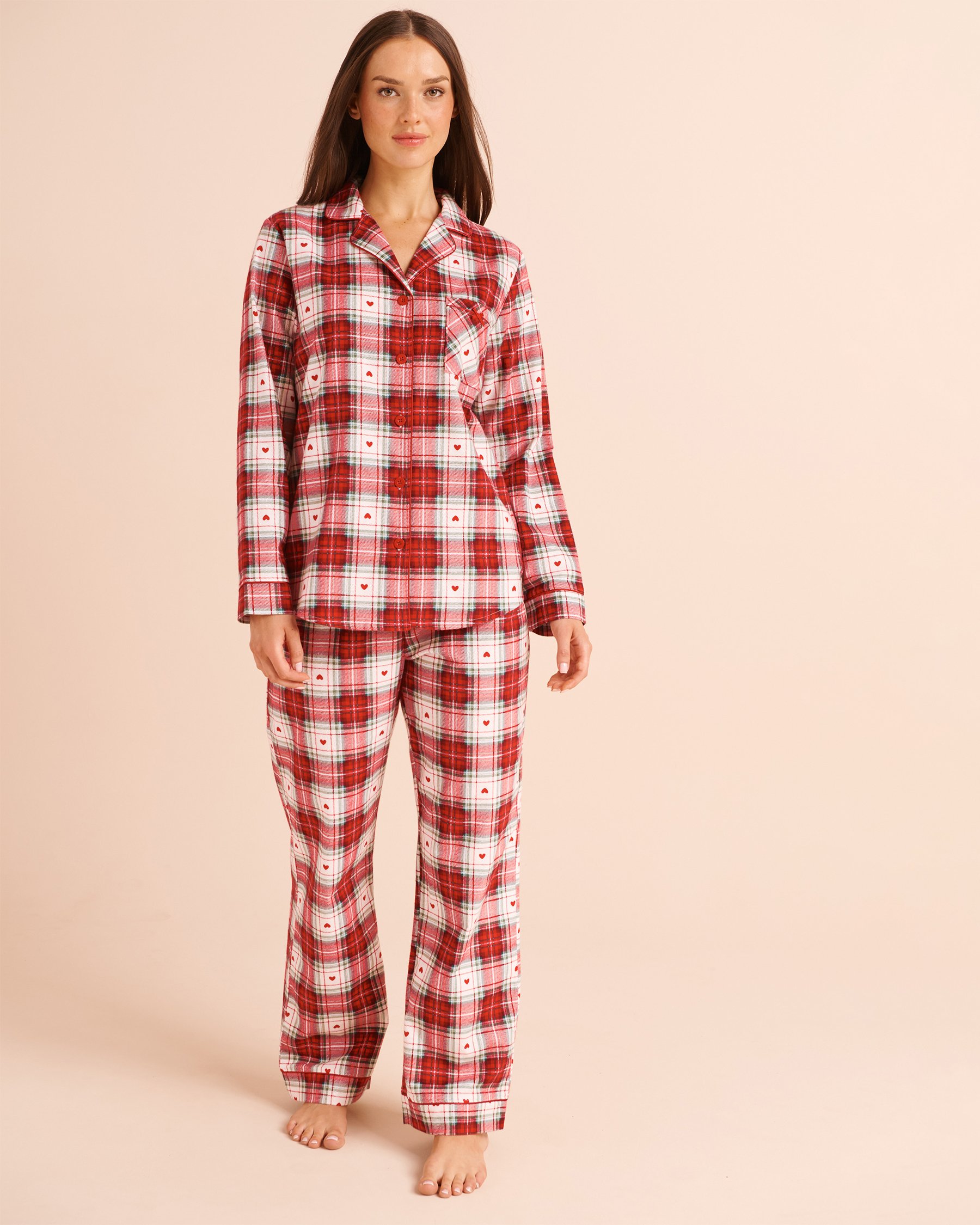 LA VIE EN ROSE Heart & Plaid Print Flannel Pajama Set Red/Plaid 40400103 - View2
