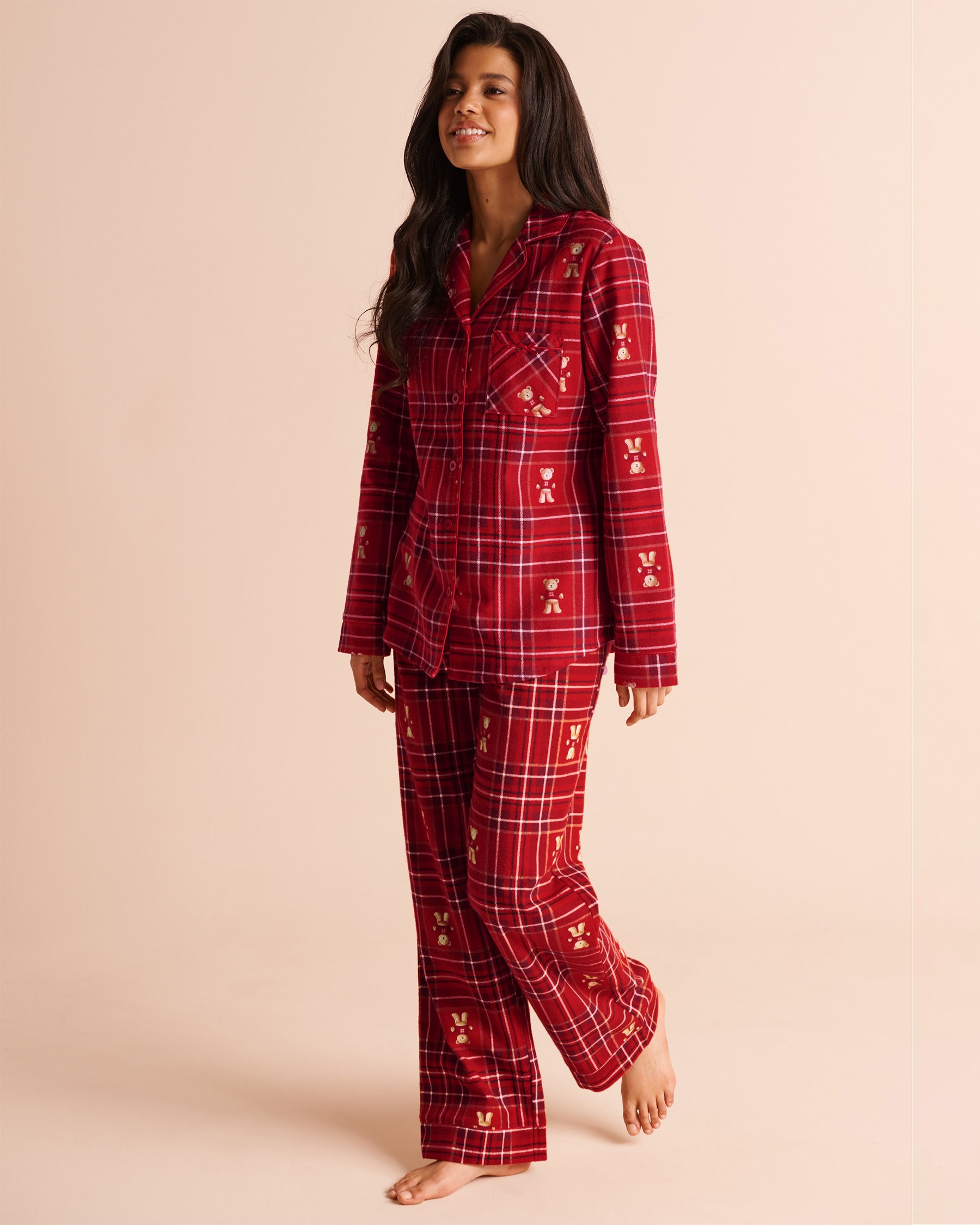 LA VIE EN ROSE Teddy Bear Plaid Flannel Pajama Set Red/Teddy Bear 40400103 - View1
