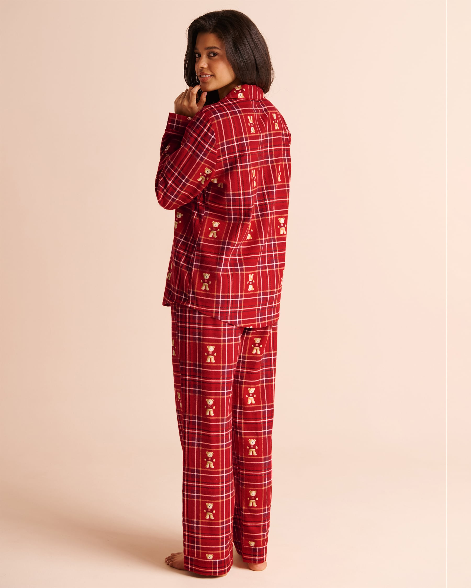 LA VIE EN ROSE Teddy Bear Plaid Flannel Pajama Set Red/Teddy Bear 40400103 - View2
