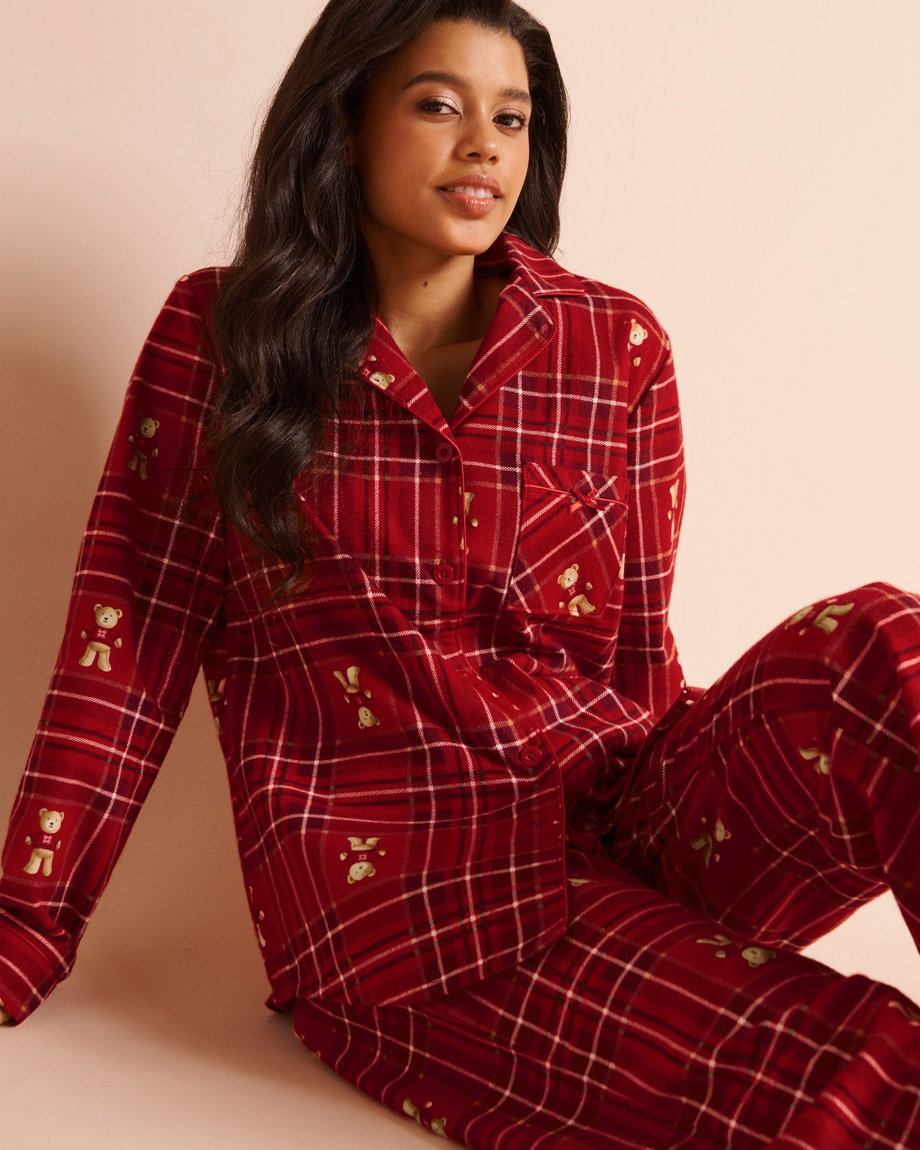 LA VIE EN ROSE Teddy Bear Plaid Flannel Pajama Set Red/Teddy Bear 40400103 - View3