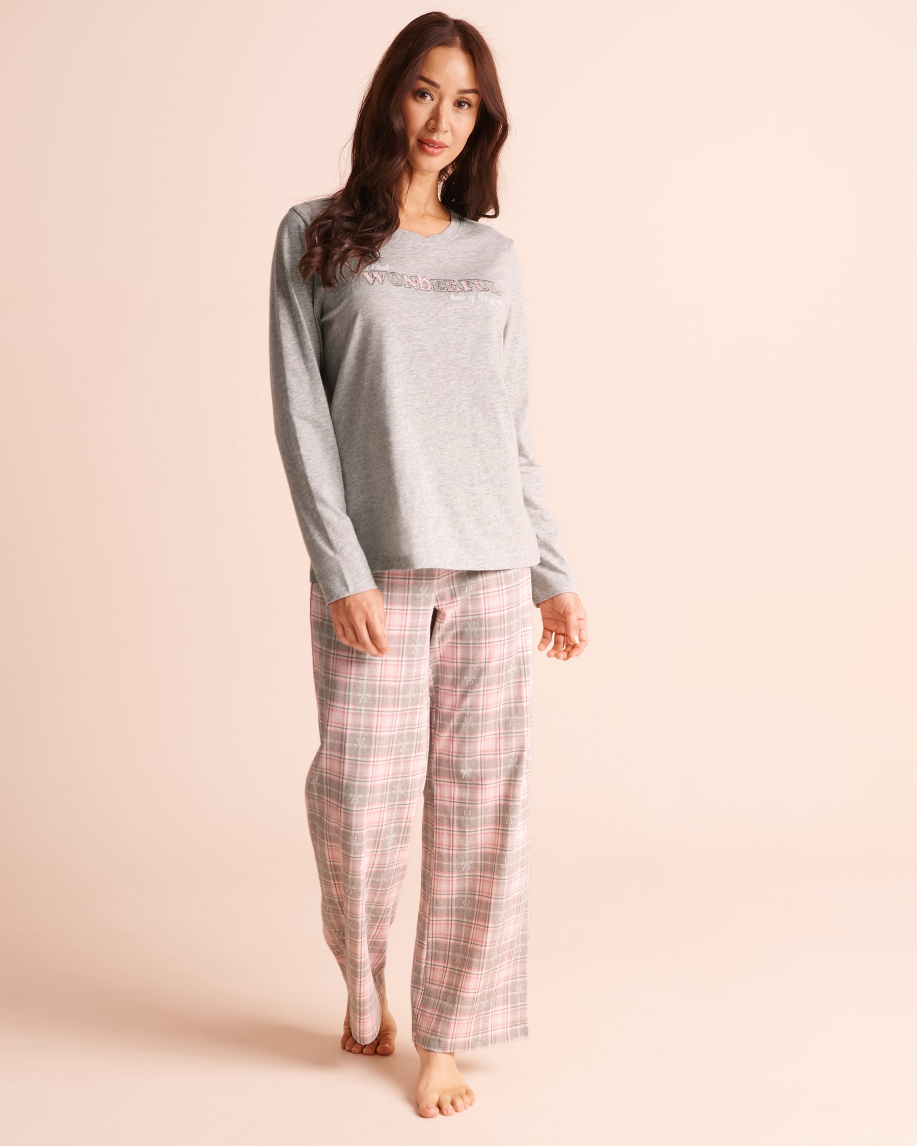 LA VIE EN ROSE Bow & Plaid Print Cotton Pajama Set Grey/Bow 40400102 - View1