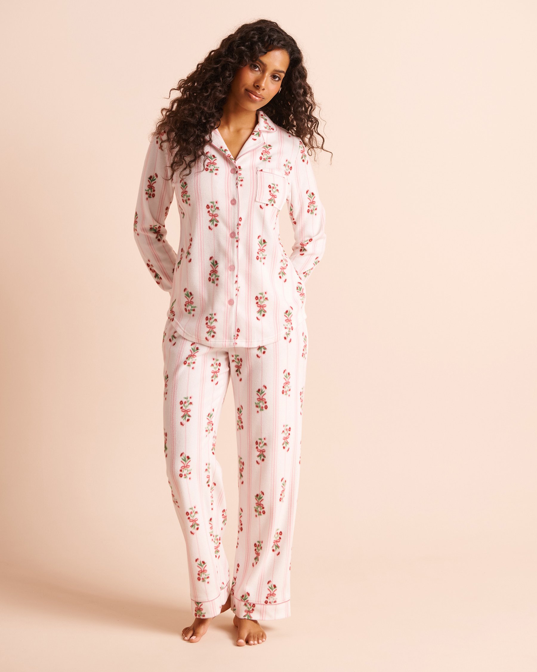 LA VIE EN ROSE Floral Stripe Print Microfleece Pajama Set White/Flowers 40400104 - View1