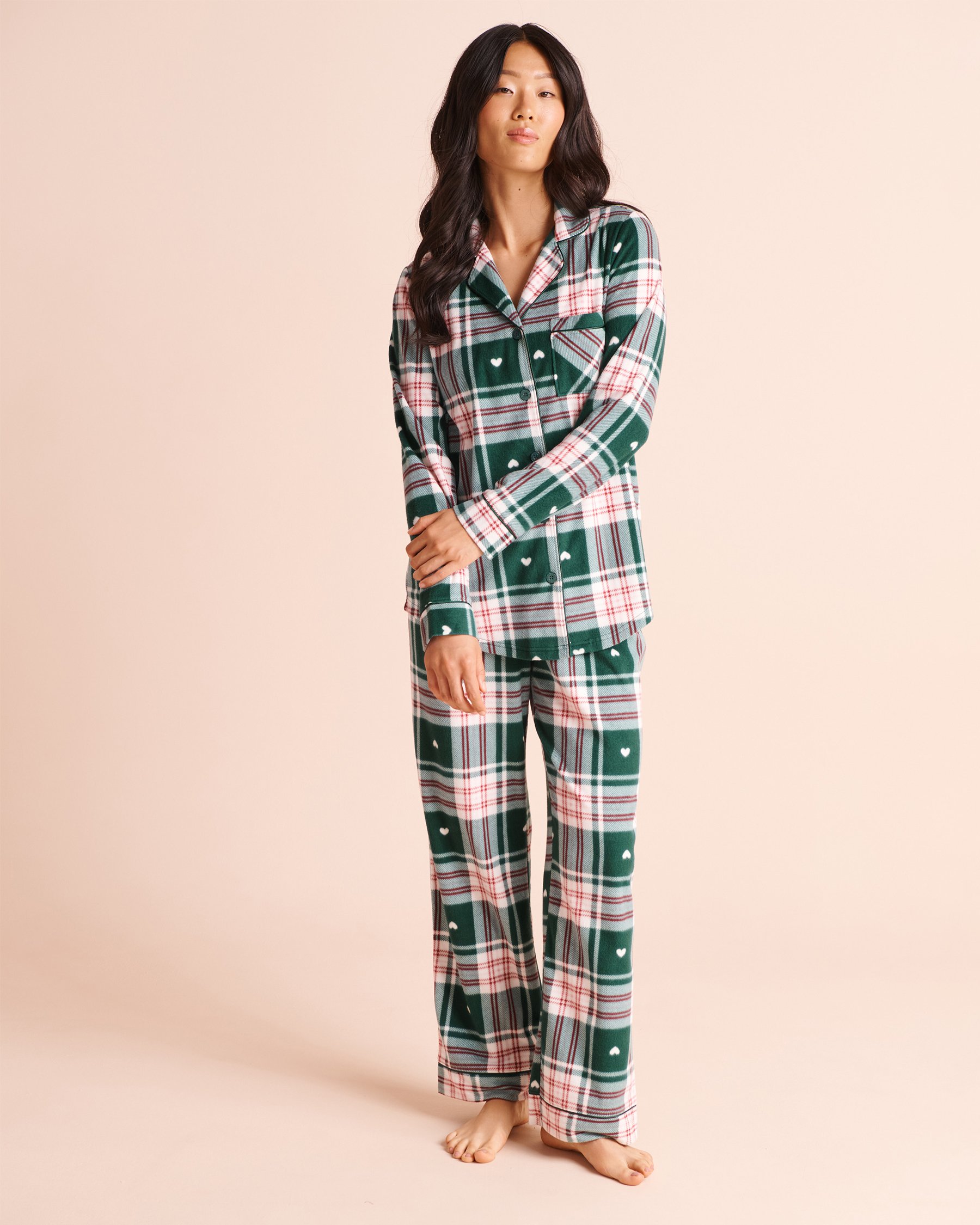 LA VIE EN ROSE Heart & Plaid Print Microfleece Pajama Set Green/Plaid 40400104 - View1
