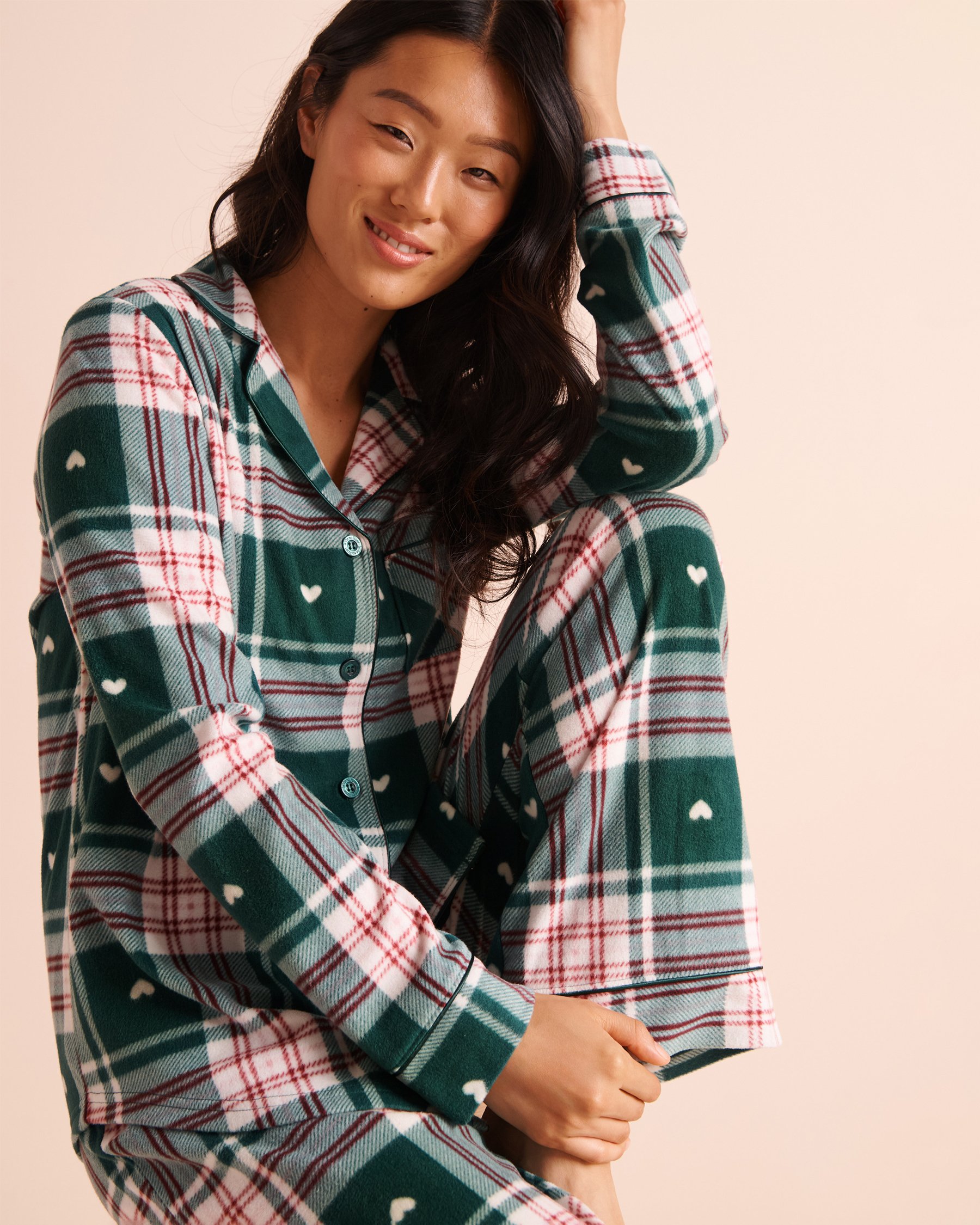 LA VIE EN ROSE Heart & Plaid Print Microfleece Pajama Set Green/Plaid 40400104 - View3