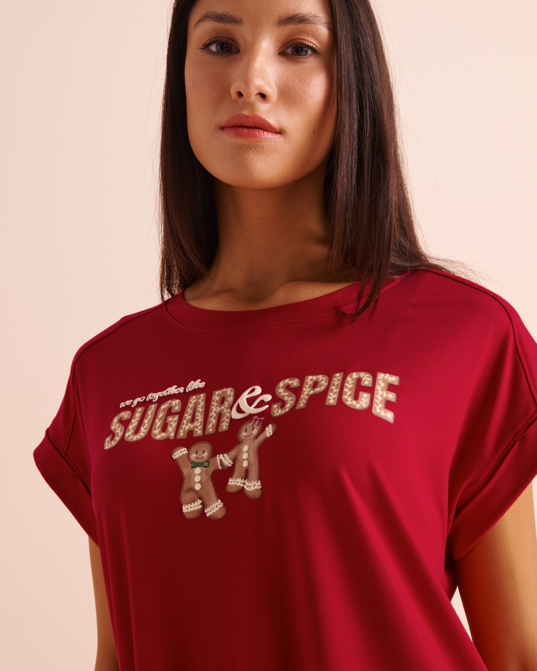 LA VIE EN ROSE Gingerbread Print Super Soft Short Sleeve Sleepshirt Candy Cane Red 40500506 - View3
