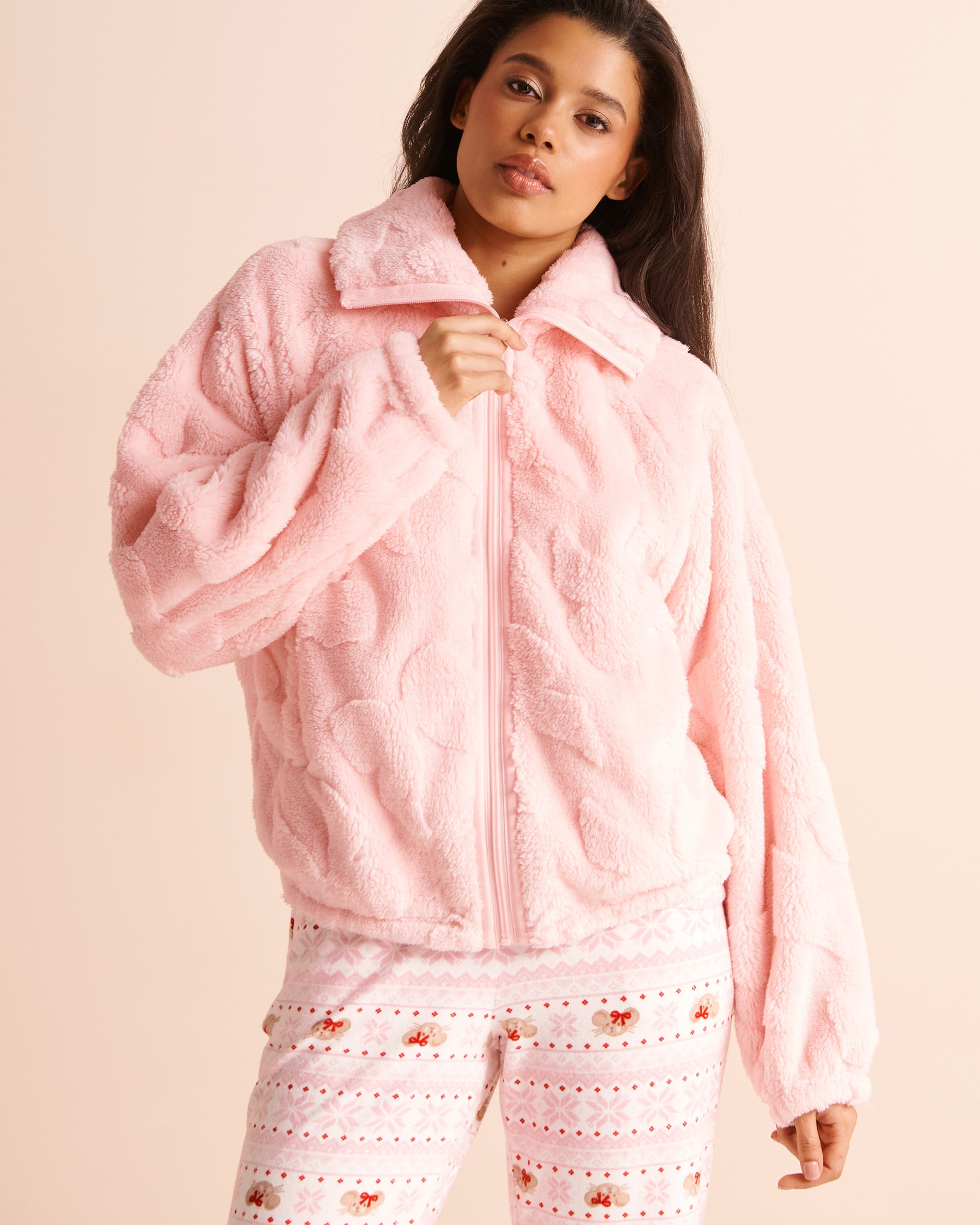 LA VIE EN ROSE Chandail zippé en jacquard peluche à nœuds Rose givrée 40600239 - View1