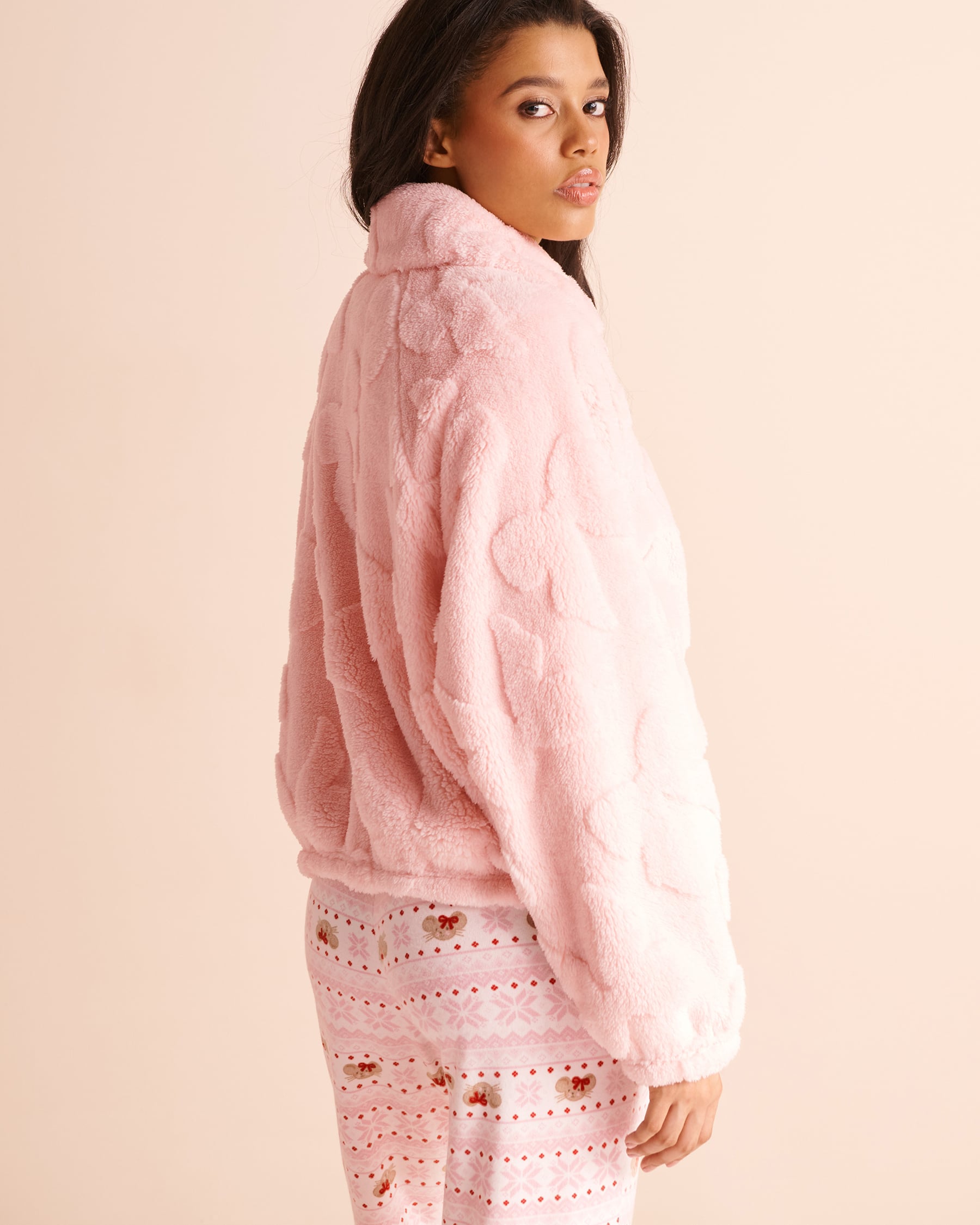 LA VIE EN ROSE Chandail zippé en jacquard peluche à nœuds Rose givrée 40600239 - View2
