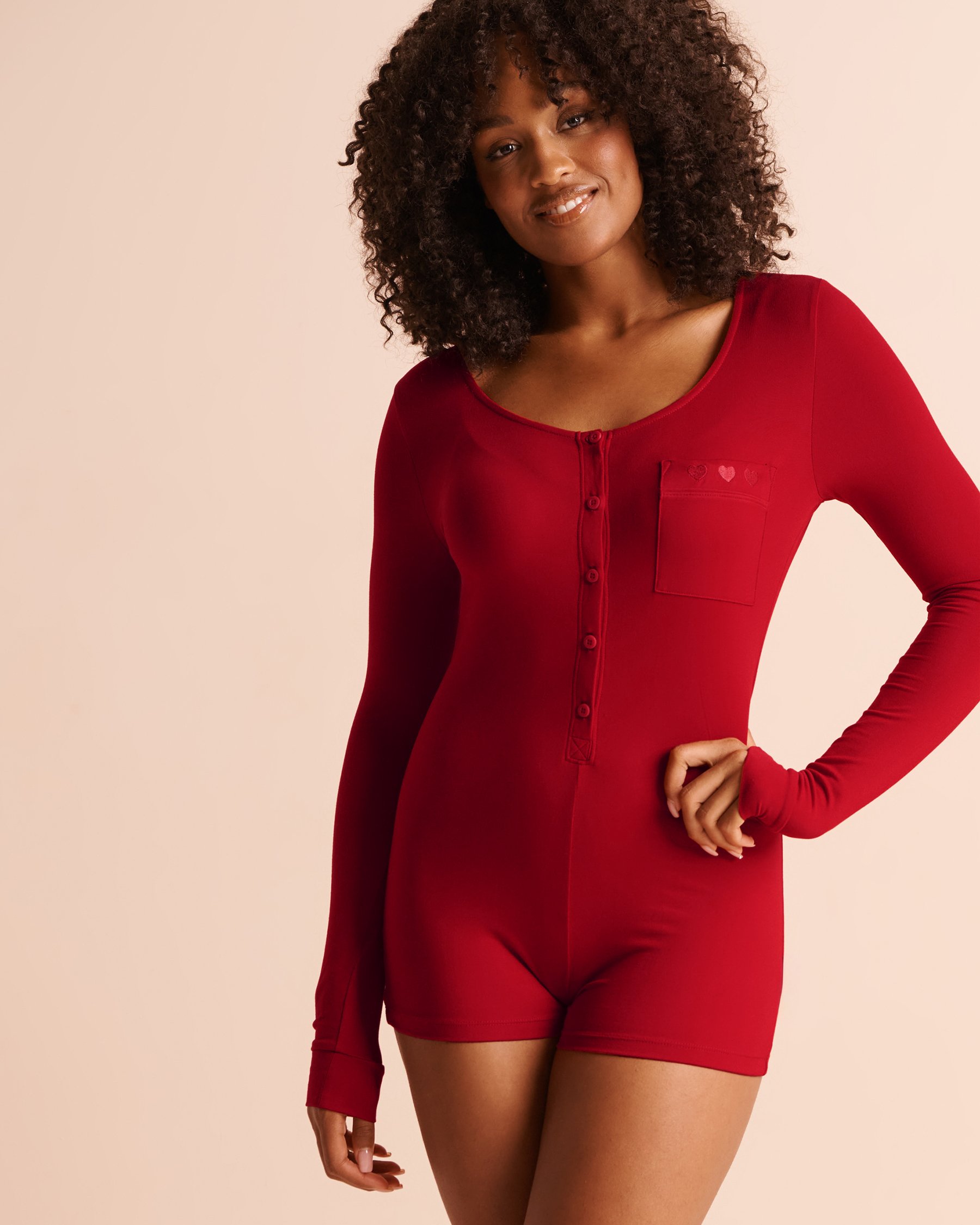 LA VIE EN ROSE Embroidered Super Soft Long Sleeve Romper Candy Cane Red 40300073 - View1