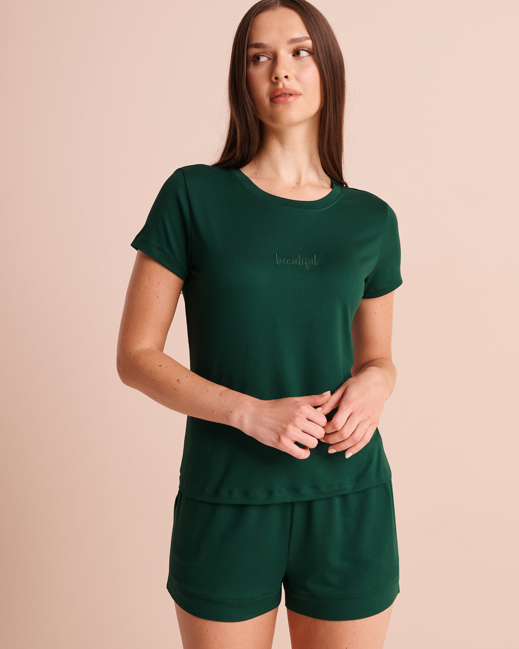 LA VIE EN ROSE Embroidered Super Soft Short Sleeve T-shirt Fir Green 40100921 - View1