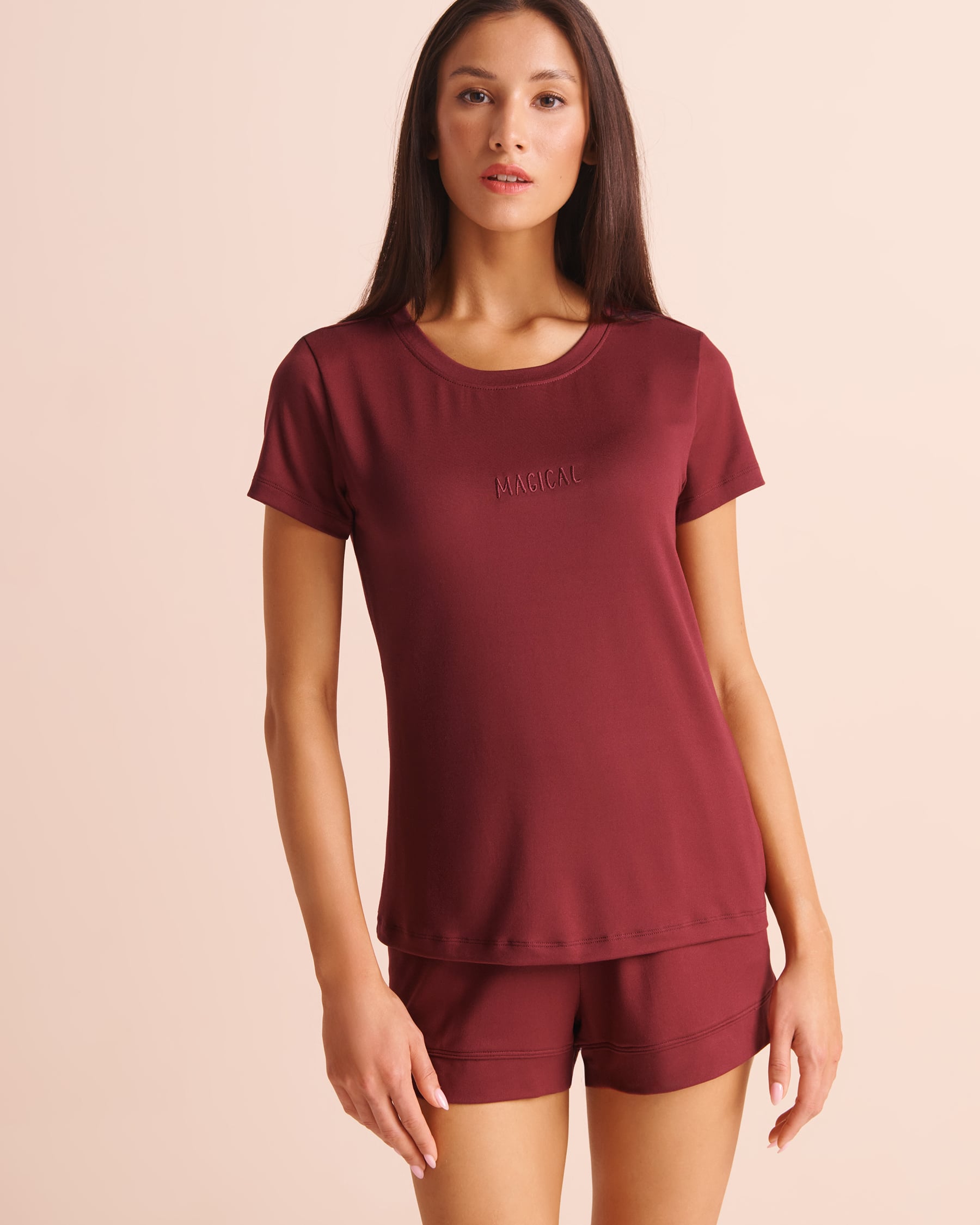 LA VIE EN ROSE Embroidered Super Soft Short Sleeve T-shirt Merry Burgundy 40100921 - View1