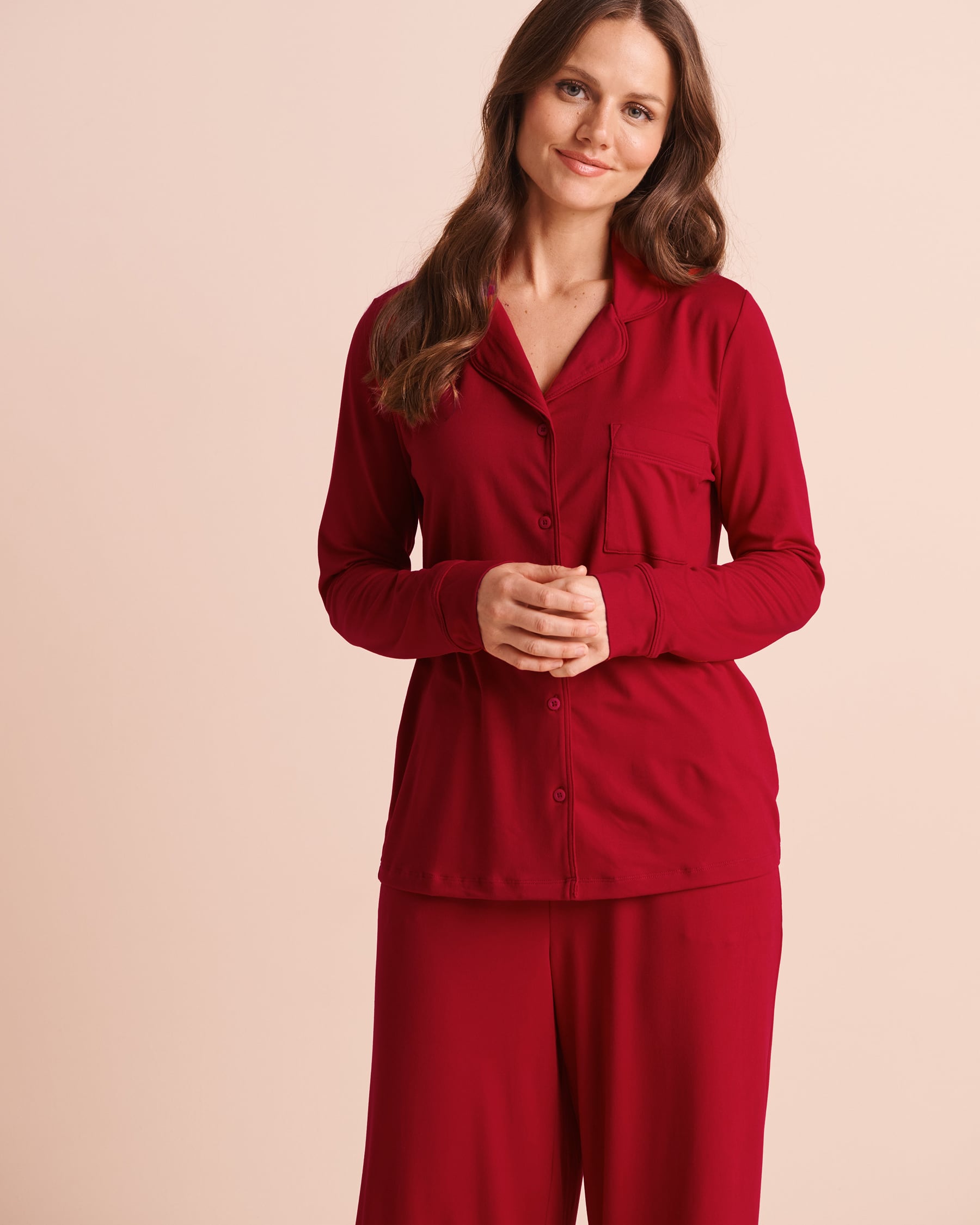 LA VIE EN ROSE Super Soft Long Sleeve Button-Down Shirt Candy Cane Red 40100922 - View1