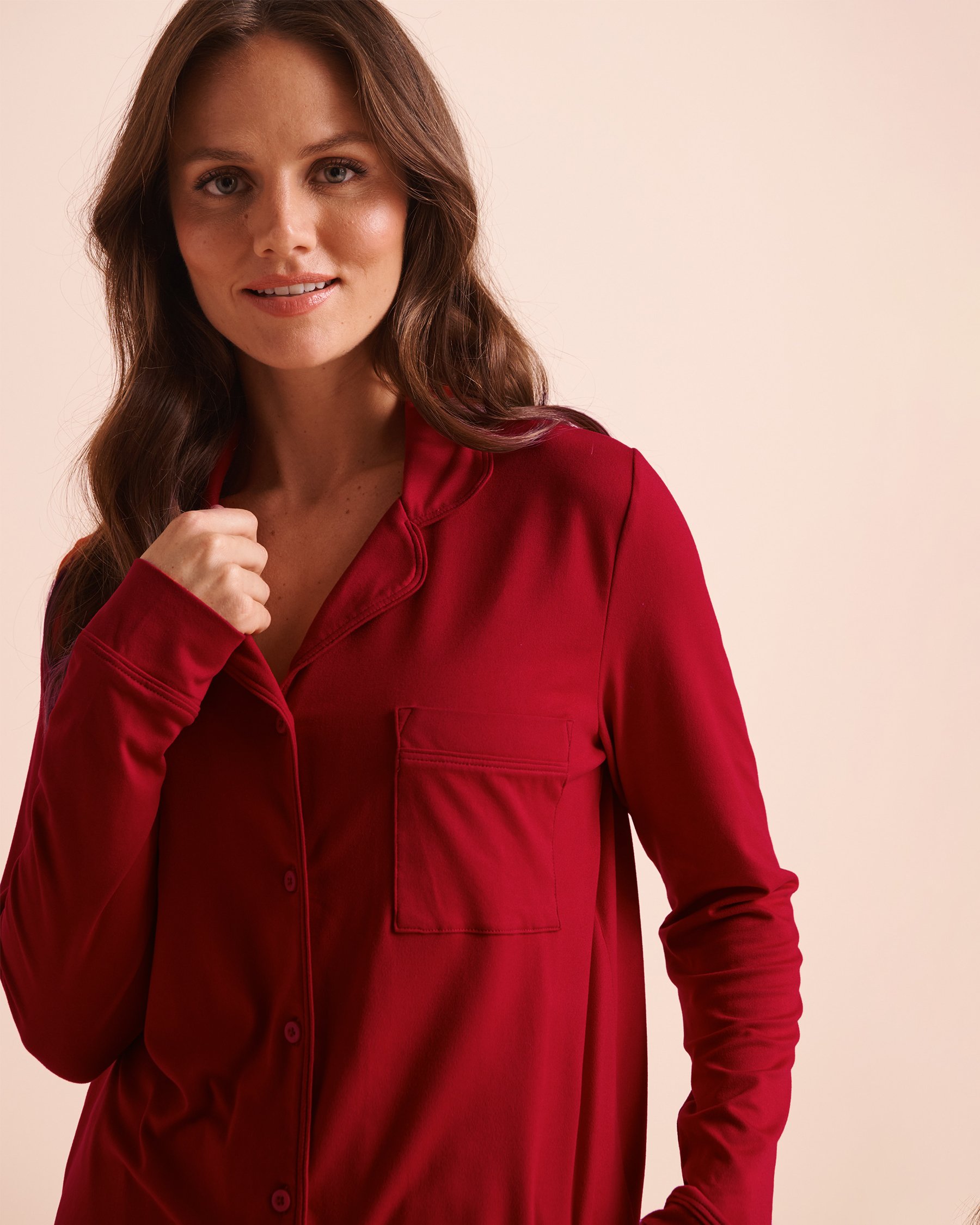 LA VIE EN ROSE Super Soft Long Sleeve Button-Down Shirt Candy Cane Red 40100922 - View3