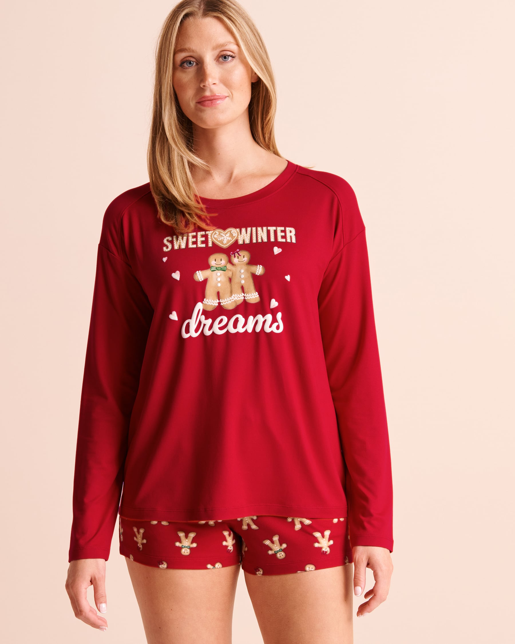 LA VIE EN ROSE Gingerbread Print Super Soft Long Sleeve Top Candy Cane Red 40100908 - View1