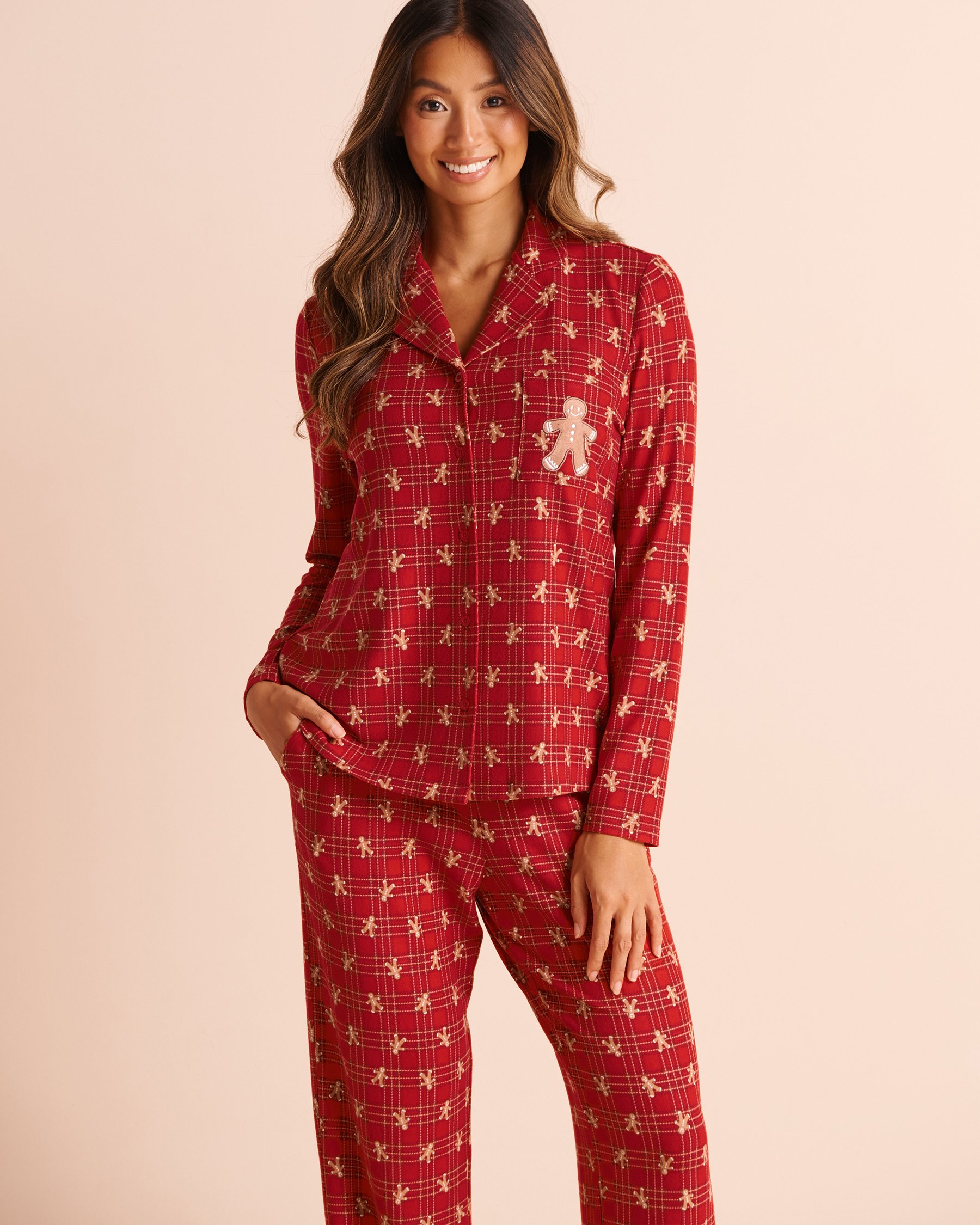 LA VIE EN ROSE Gingerbread Print Super Soft Long Sleeve Button-down Shirt Red/Gingerbread Stripe 40100909 - View1