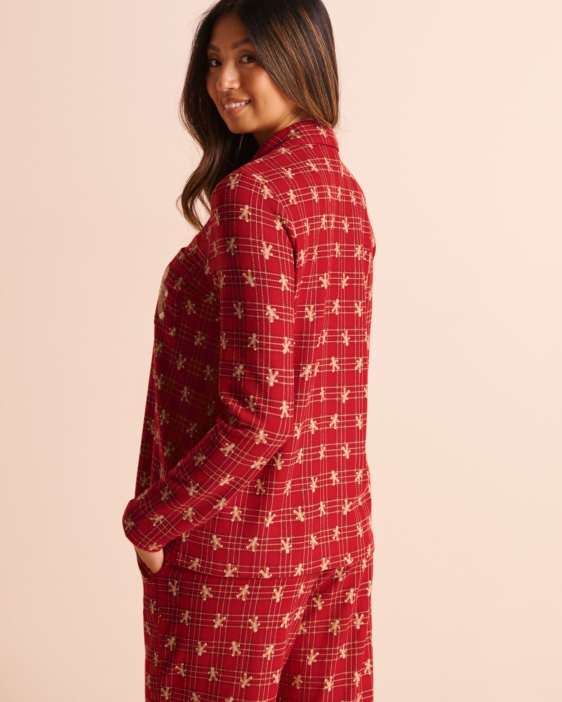 LA VIE EN ROSE Gingerbread Print Super Soft Long Sleeve Button-down Shirt Red/Gingerbread Stripe 40100909 - View2