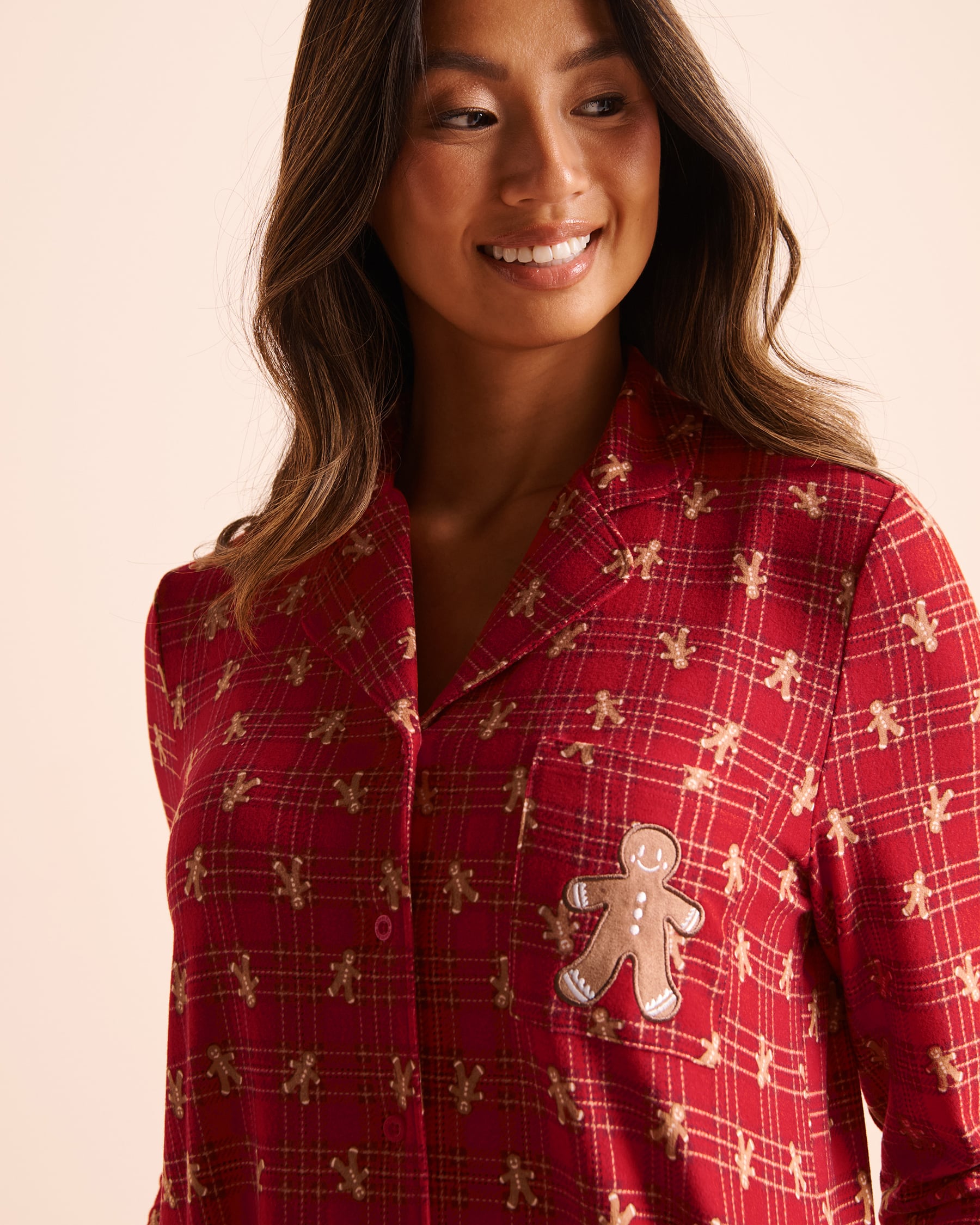 LA VIE EN ROSE Gingerbread Print Super Soft Long Sleeve Button-down Shirt Red/Gingerbread Stripe 40100909 - View3